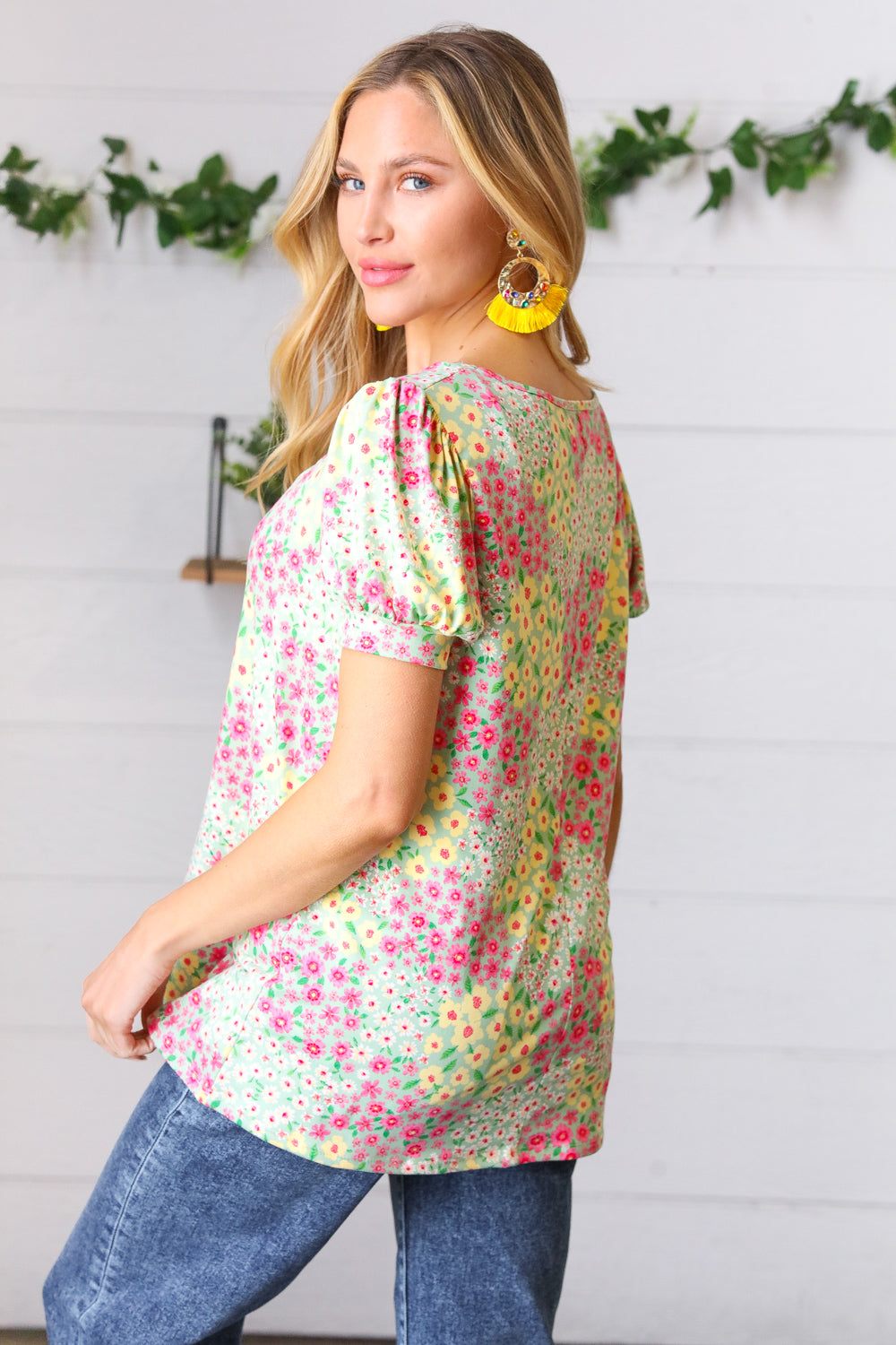 Canary/Mint Floral Square Neck Bubble Sleeve Top