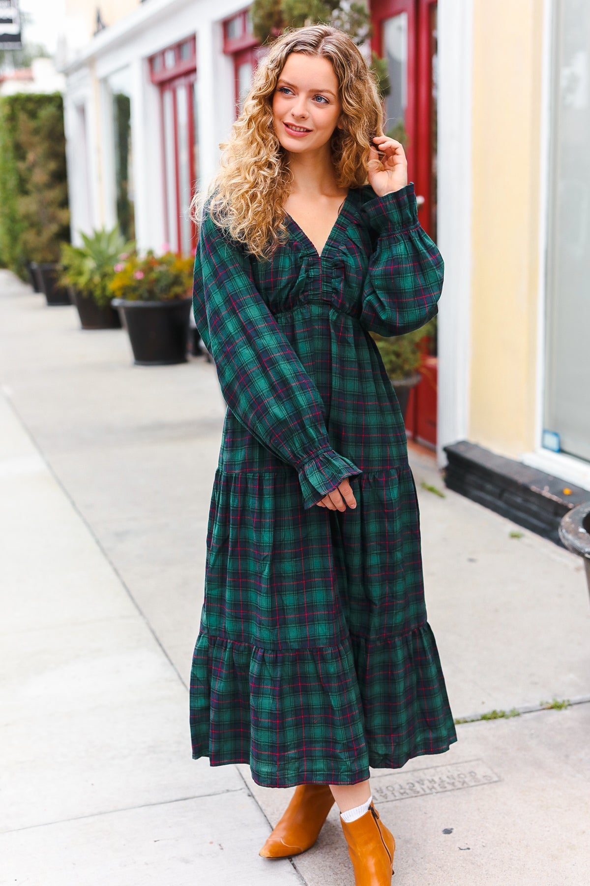 All I Want Hunter Green Plaid Elastic V Neck Tiered Maxi Dress