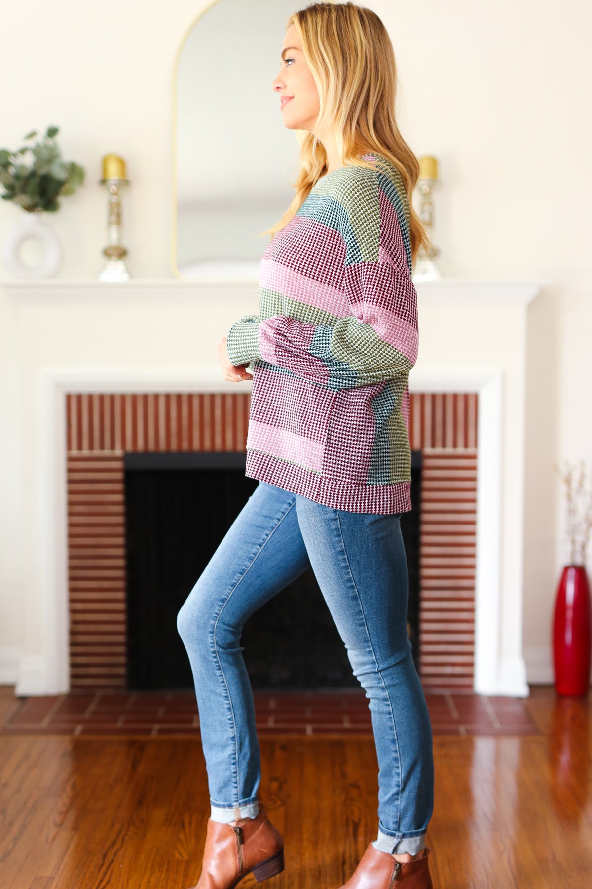 Classic Chic Olive & Burgundy Striped Textured Knit Top