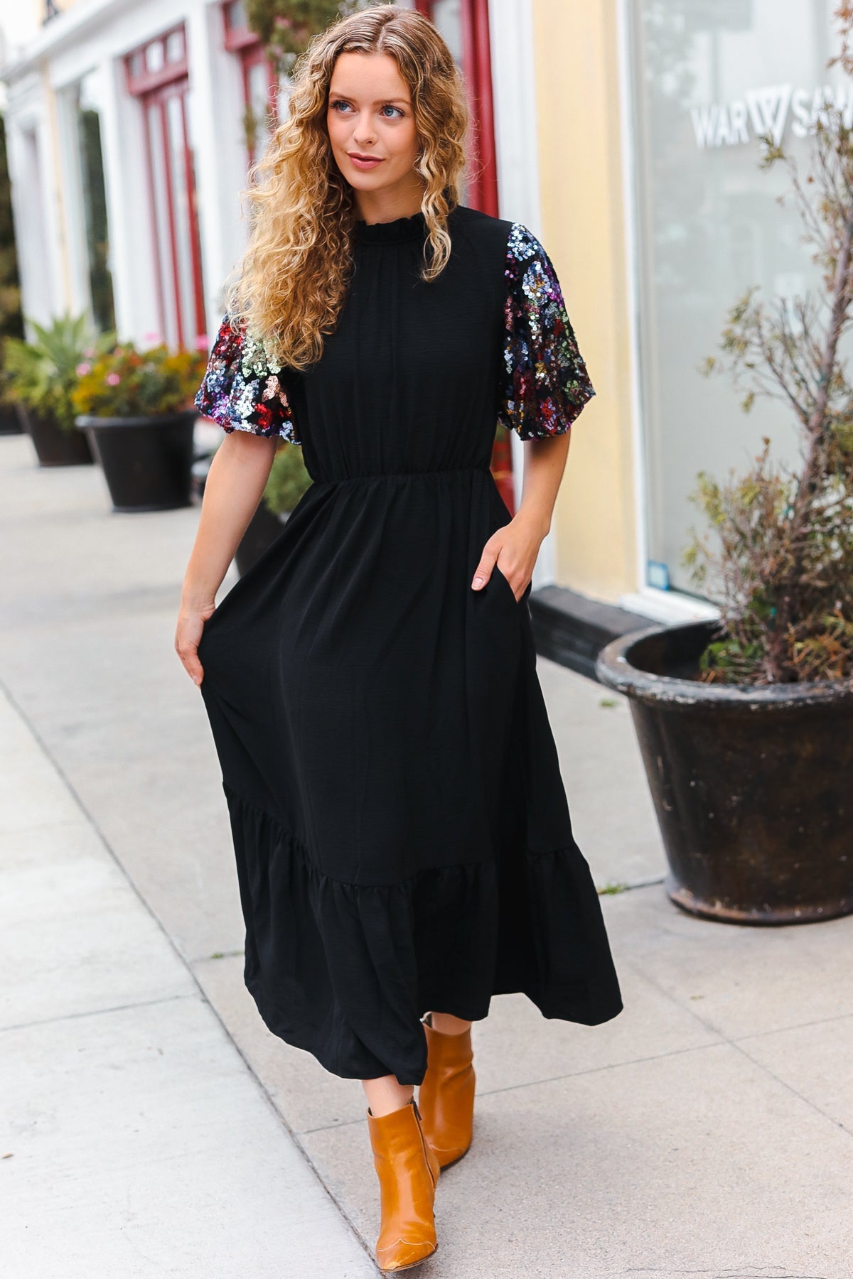 Black Floral Sequin Puff Sleeve Mock Neck Tiered Maxi Dress