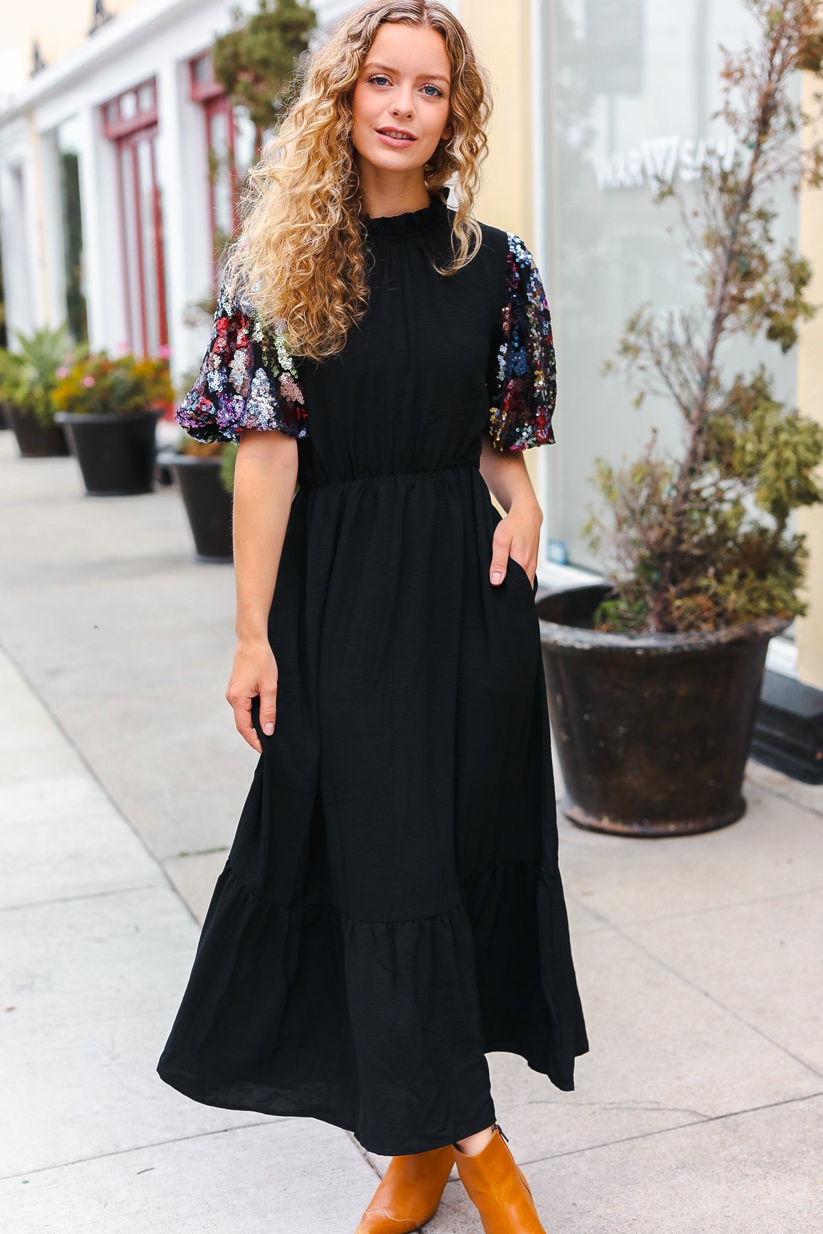 Black Floral Sequin Puff Sleeve Mock Neck Tiered Maxi Dress