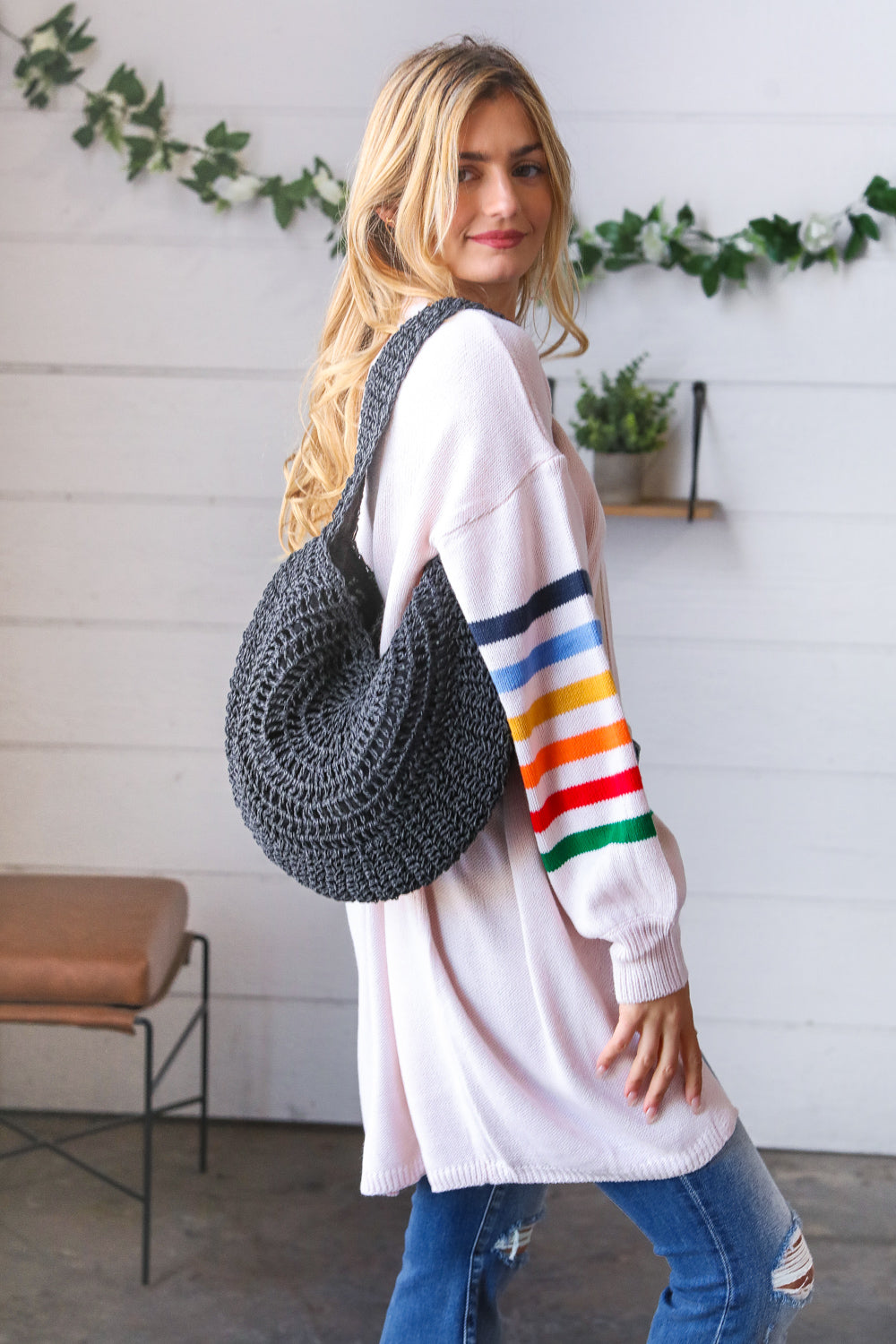 Black Braided Straw Circle Lined Tote Bag