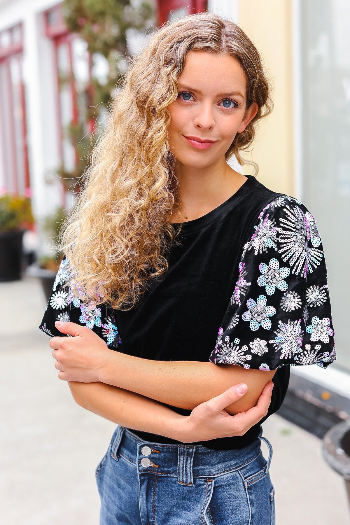 Feeling Glamorous Black Floral Sequin Puff Sleeve Velvet Top