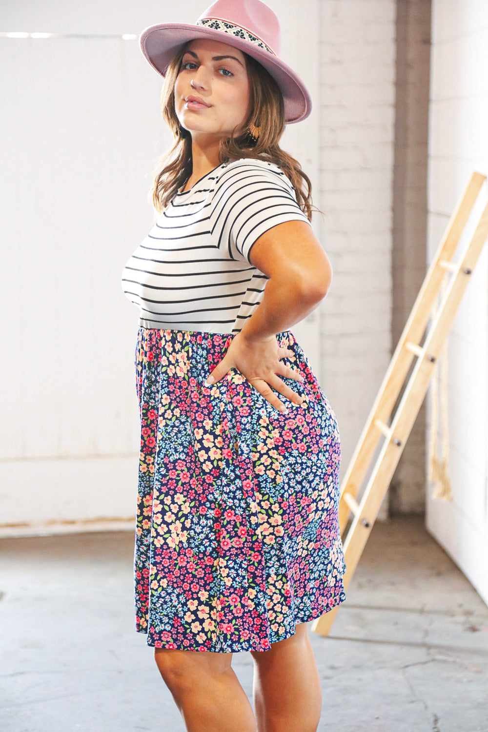 Two Fer Stripe & Multicolor Floral Color Block Tiered Dress