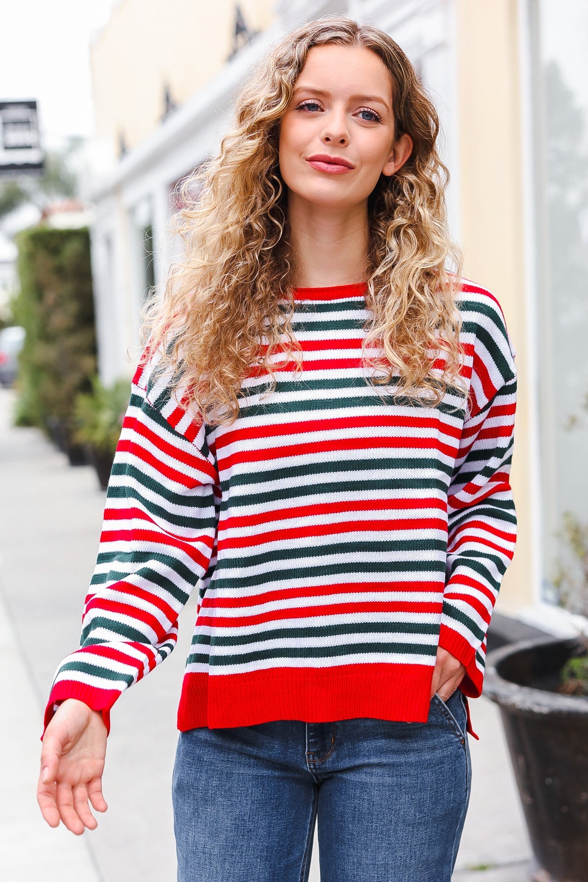 Christmas Red & Green Striped Oversized Knit Sweater