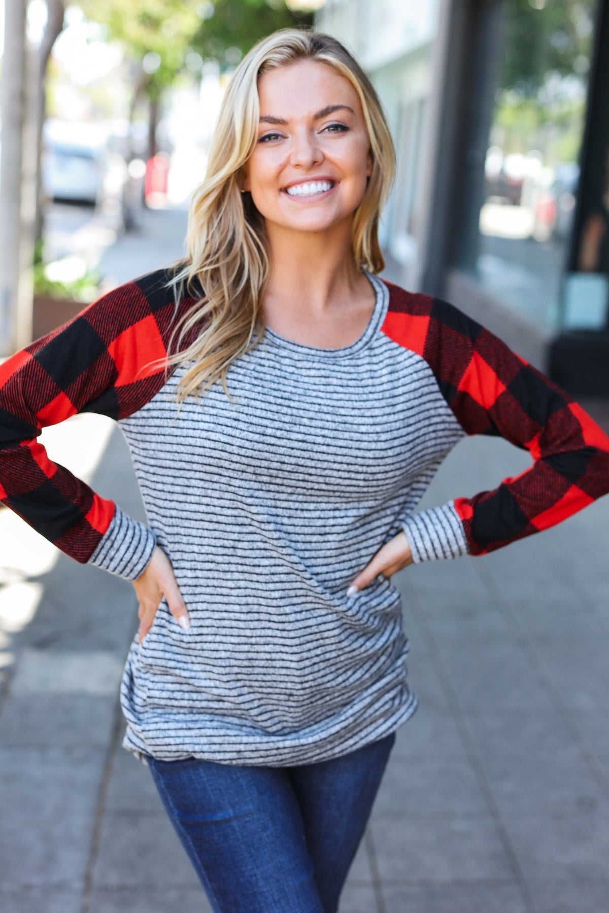 Adorable Red & Grey Striped Plaid Longline Raglan Top