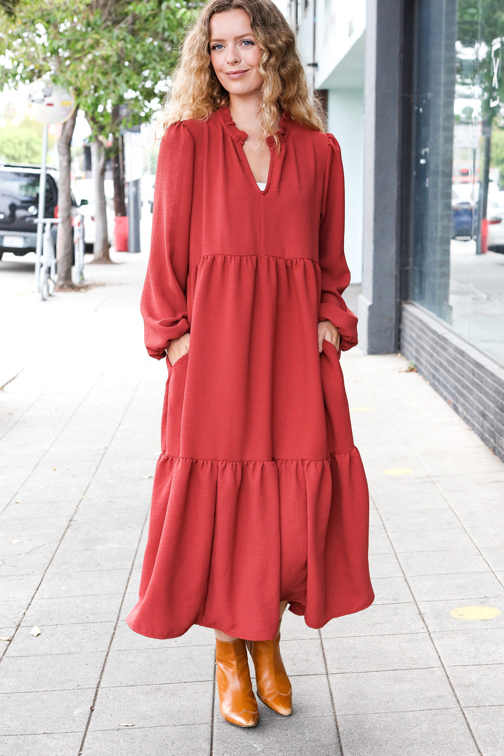 Lock Eyes Spice Notched Neck Frill Hem Tiered Maxi Dress