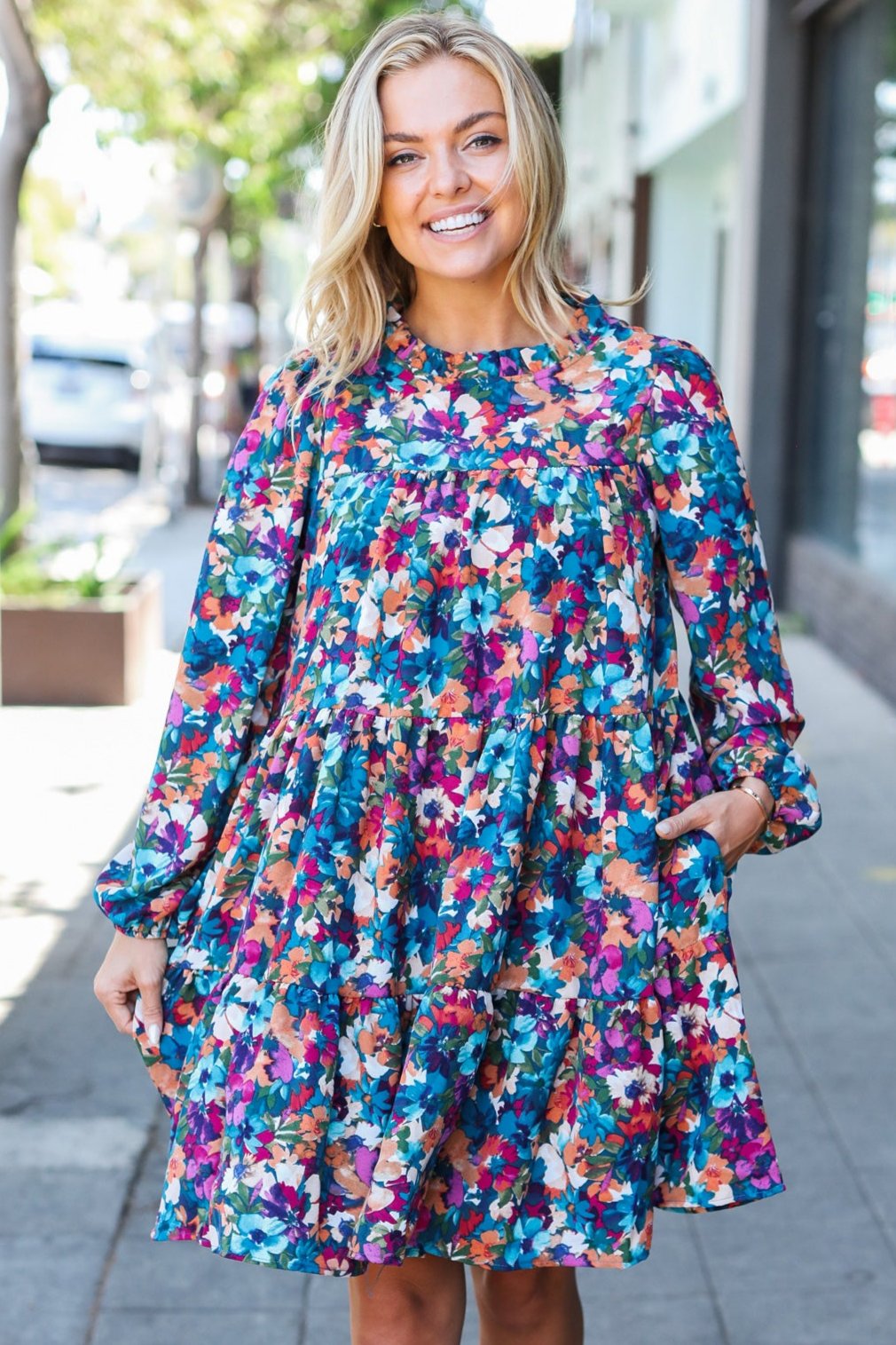 Beautiful You Teal & Berry Watercolor Floral Mock Neck Dress