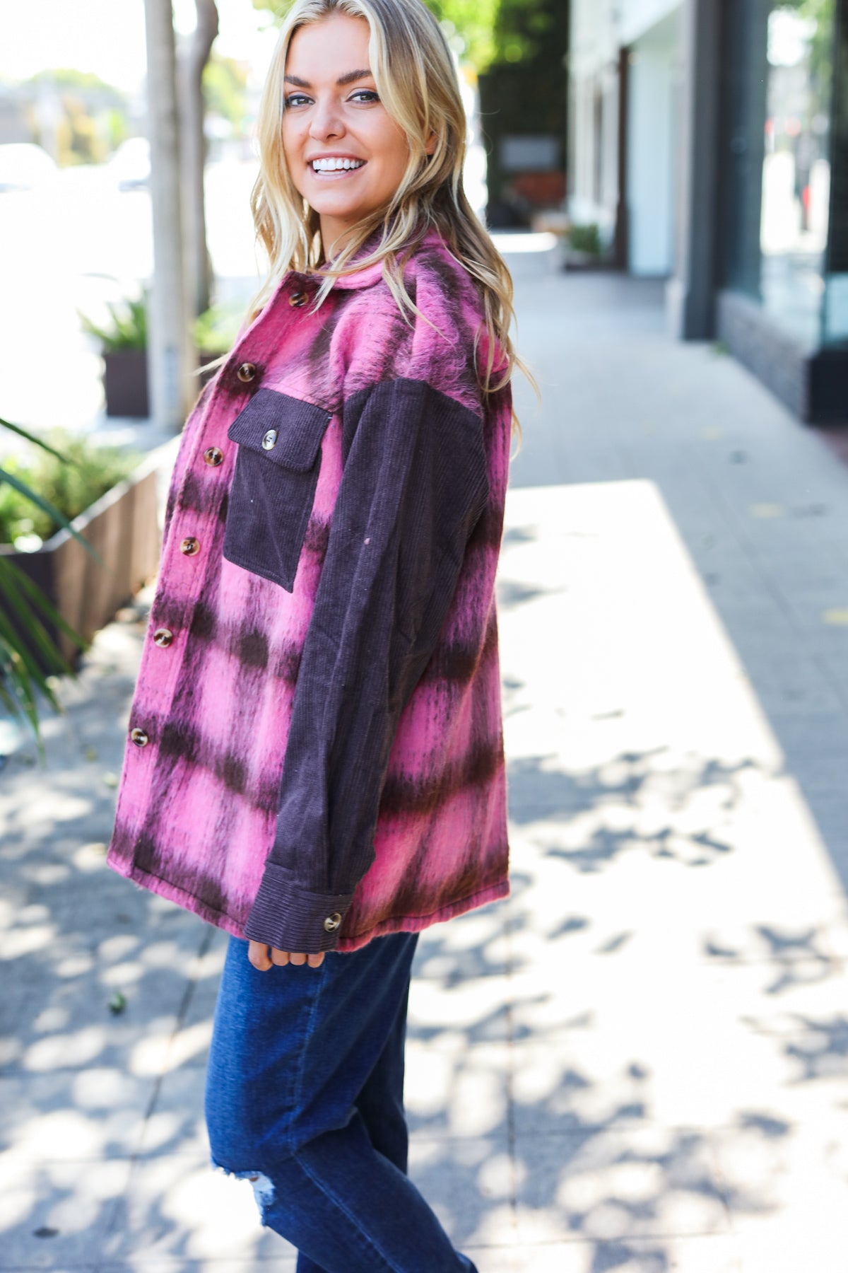 Spread Joy Pink & Brown Plaid Corduroy Button Down Fuzzy Jacket