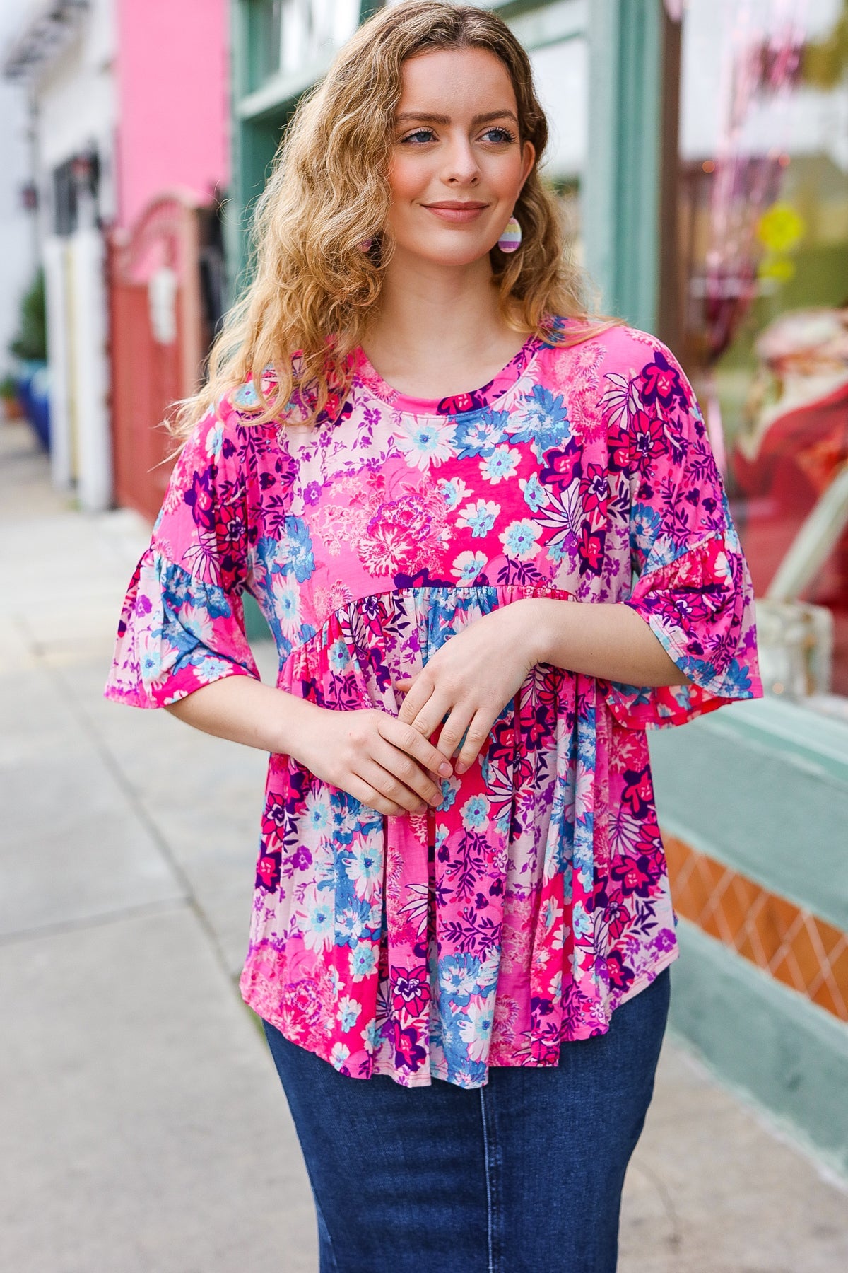 Diva Pink & Blue Floral Print Babydoll Bell Sleeve Top