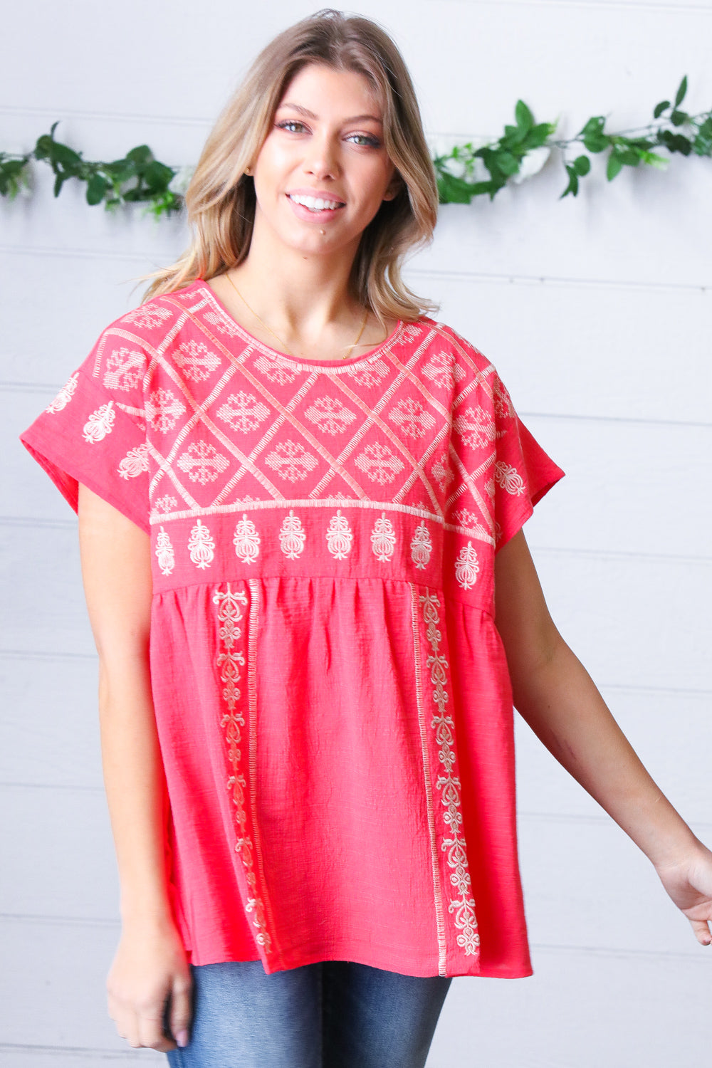 Coral Boho Embroidered Dolman Top