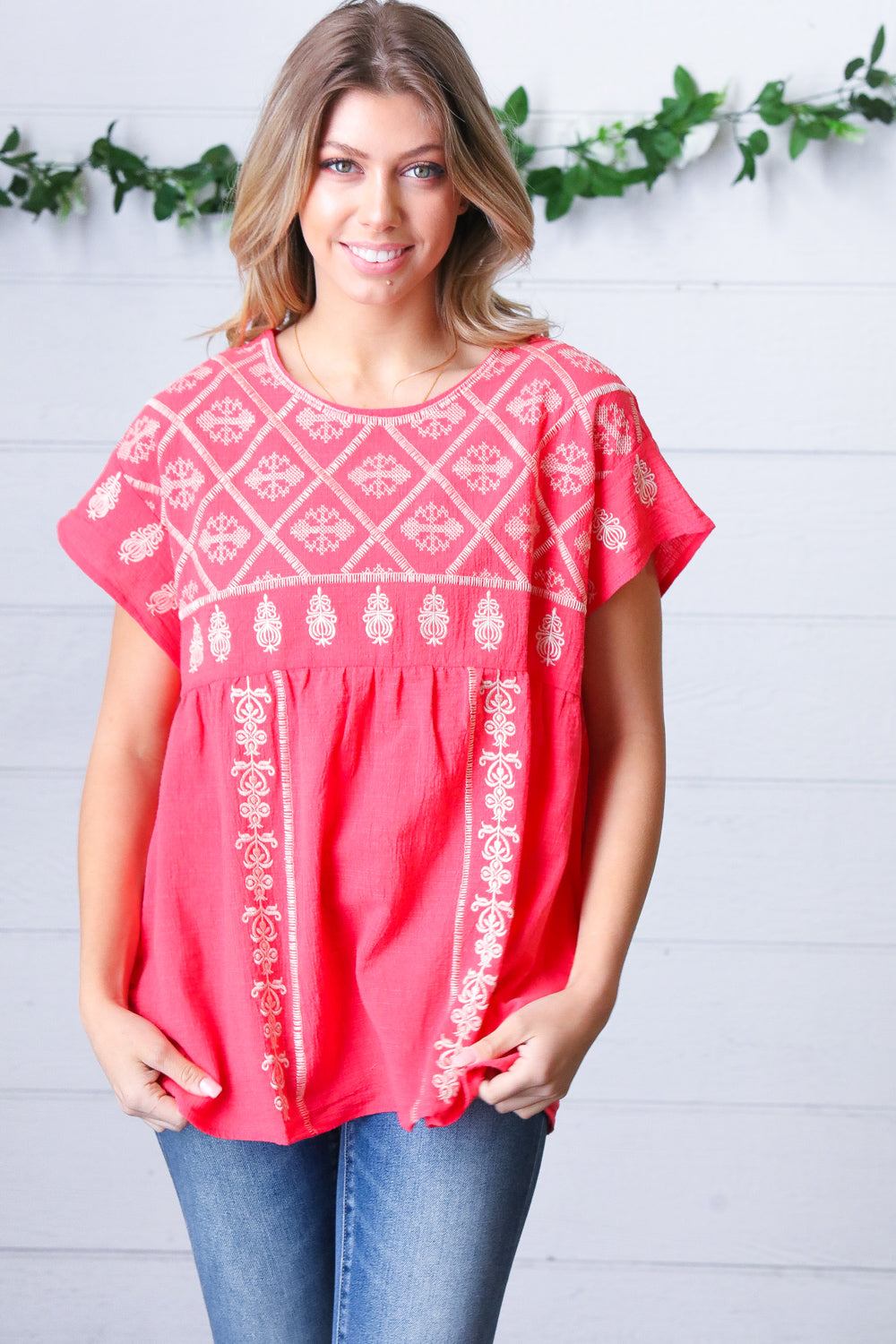 Coral Boho Embroidered Dolman Top