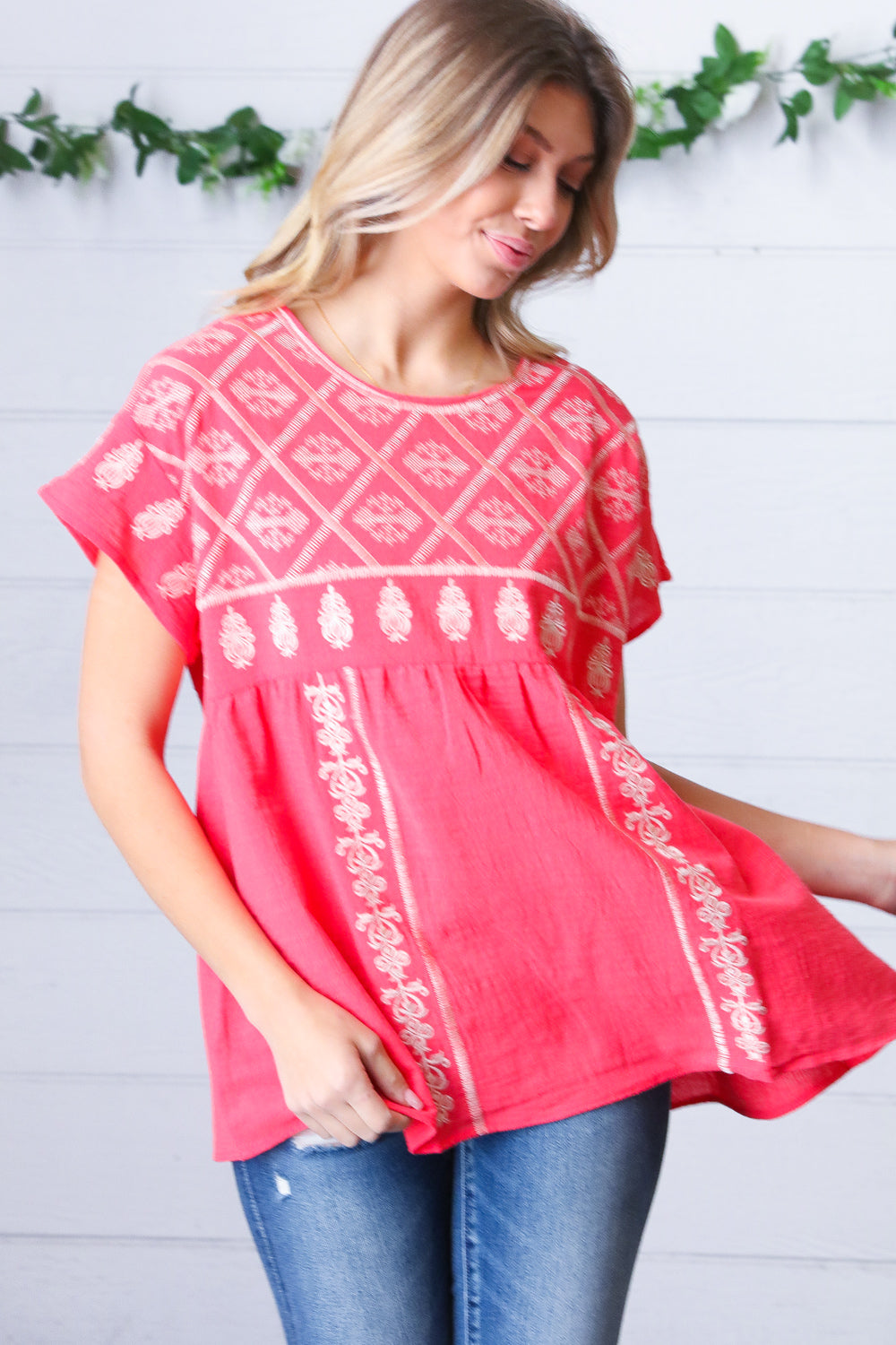 Coral Boho Embroidered Dolman Top