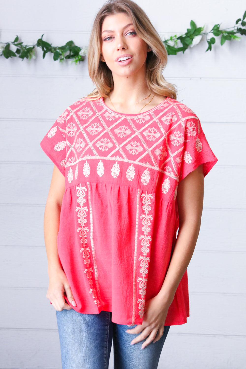 Coral Boho Embroidered Dolman Top