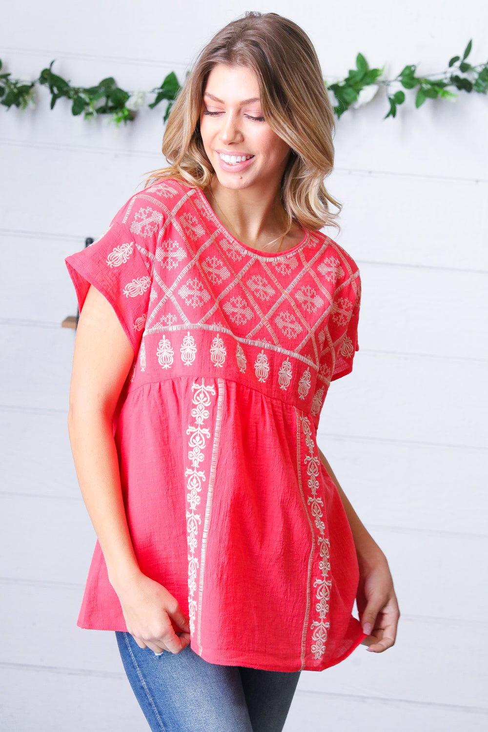 Coral Boho Embroidered Dolman Top