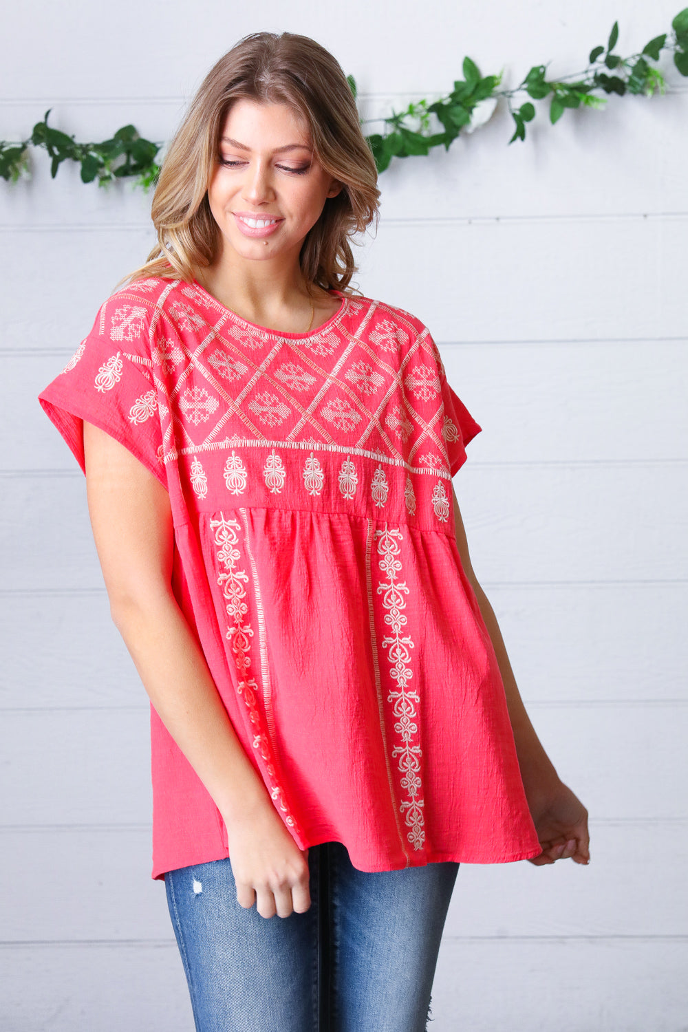 Coral Boho Embroidered Dolman Top