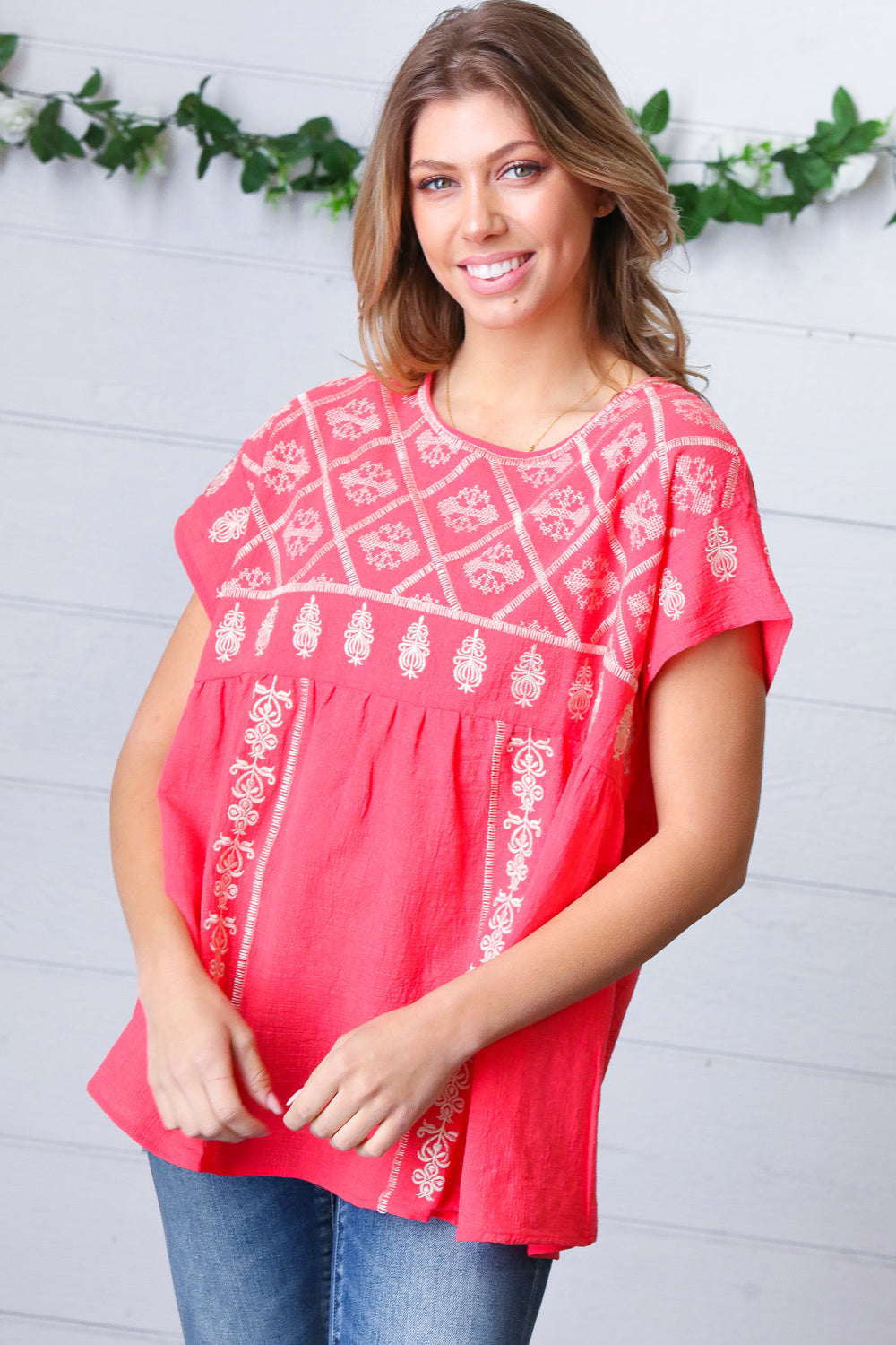Coral Boho Embroidered Dolman Top