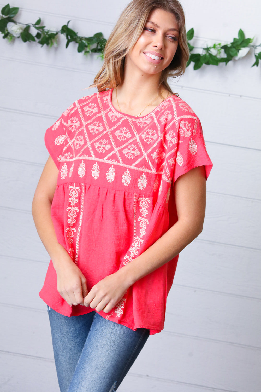 Coral Boho Embroidered Dolman Top