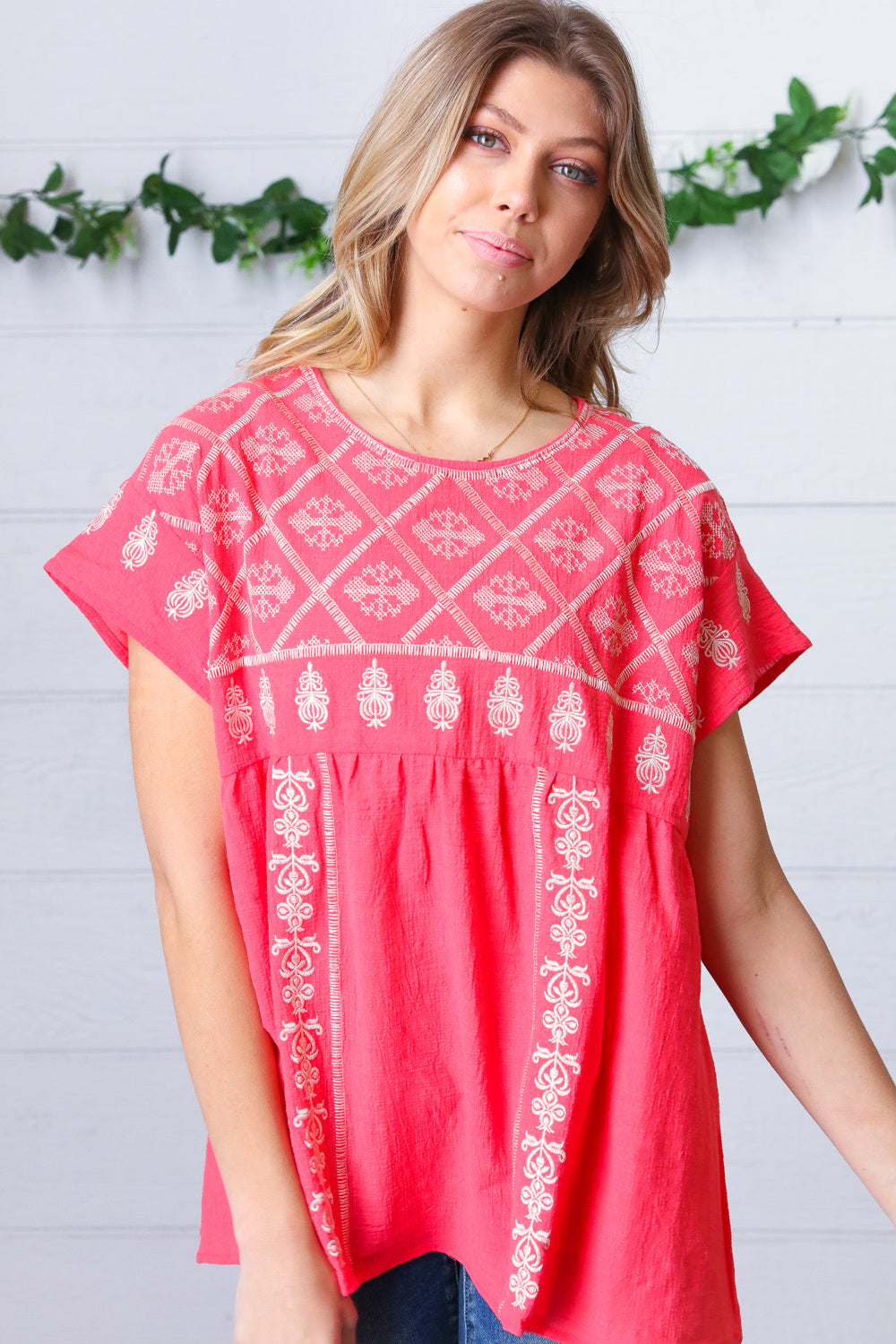 Coral Boho Embroidered Dolman Top