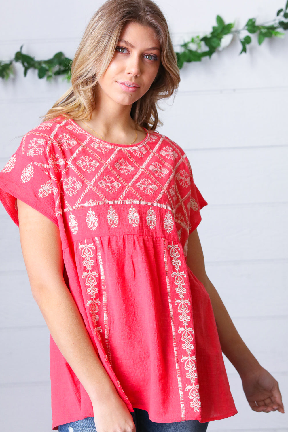 Coral Boho Embroidered Dolman Top