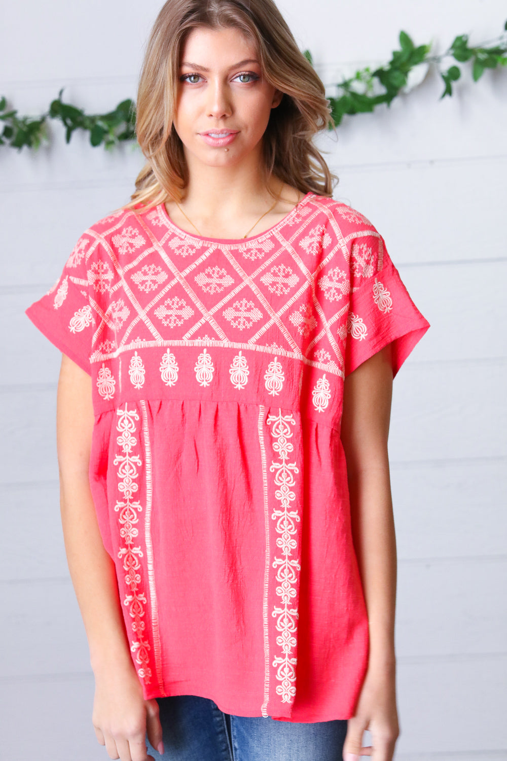 Coral Boho Embroidered Dolman Top
