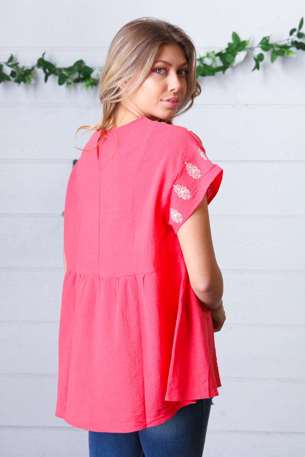 Coral Boho Embroidered Dolman Top