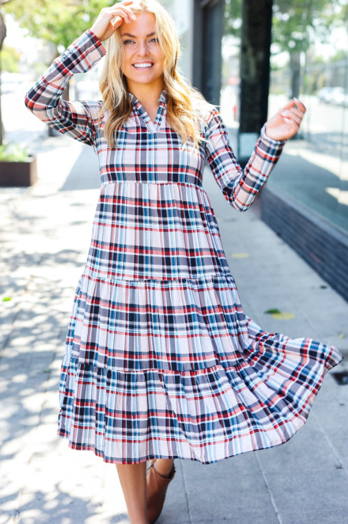 Feeling Joyful Taupe Plaid Notched Neck Tiered Dress