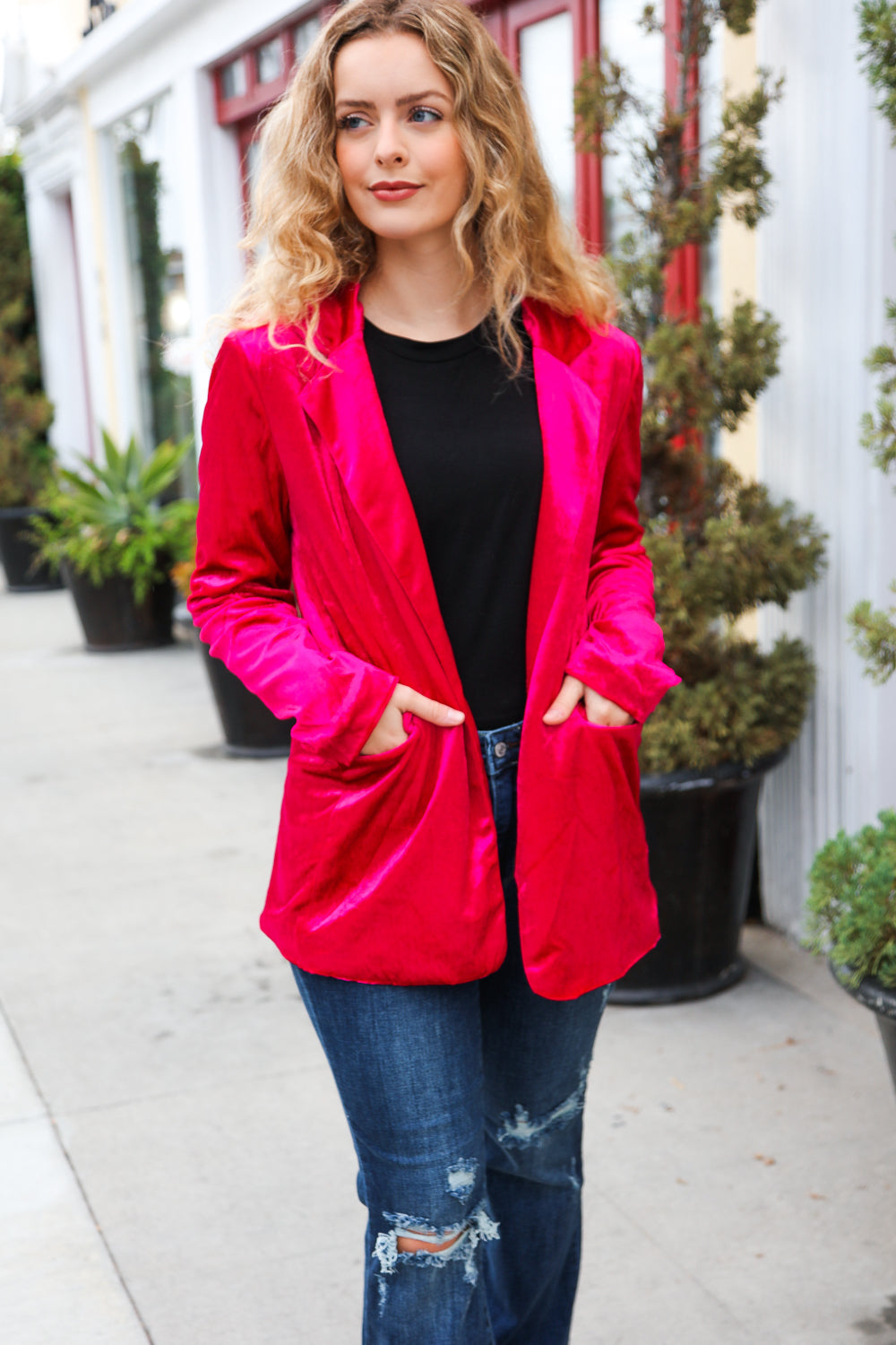 Dazzling Magenta Velvet Lapel Blazer