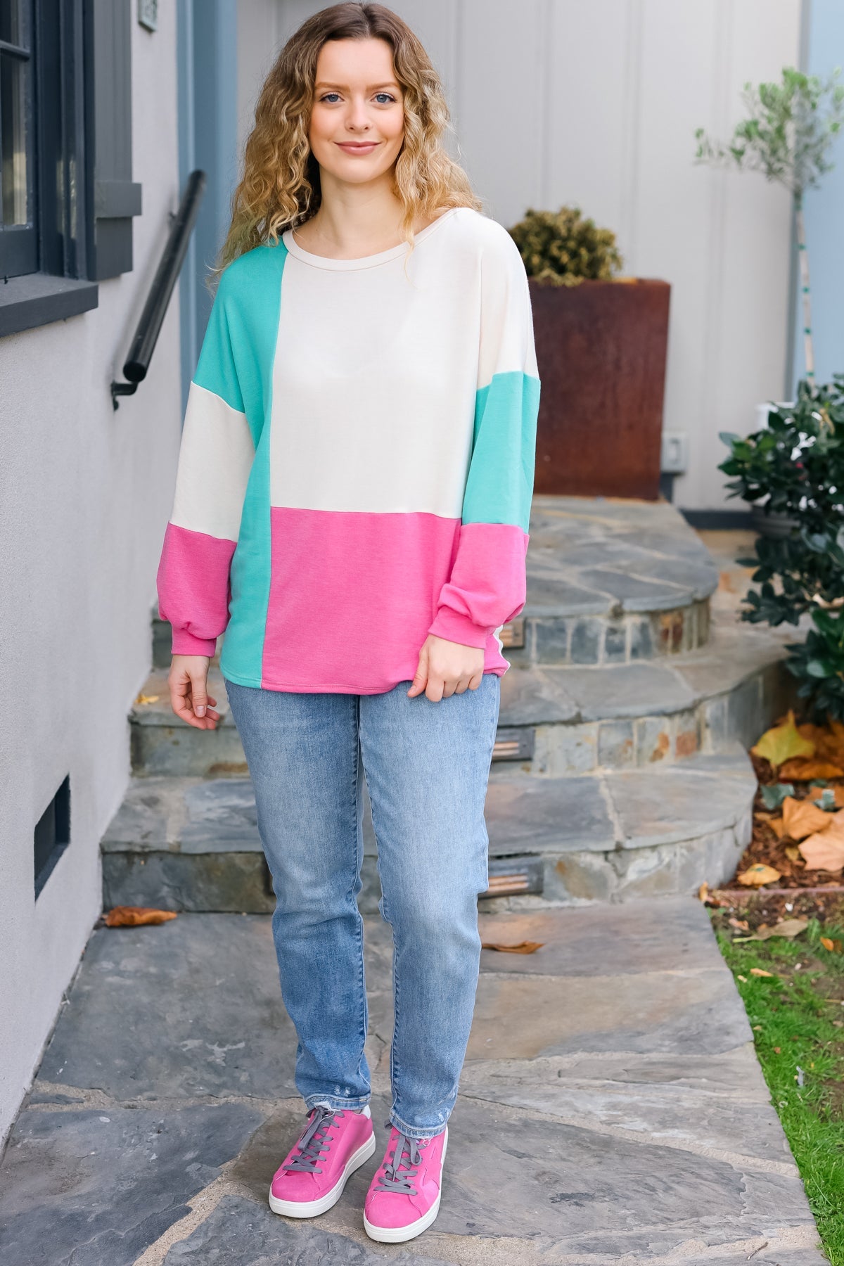 The Slouchy Mint & Pink Drop Shoulder Terry Color Block Top