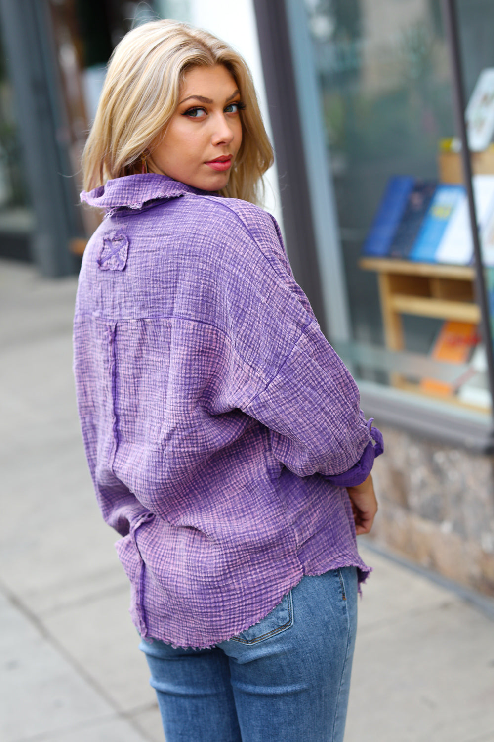 Violet Washed Cotton Gauze Button Down Shirt