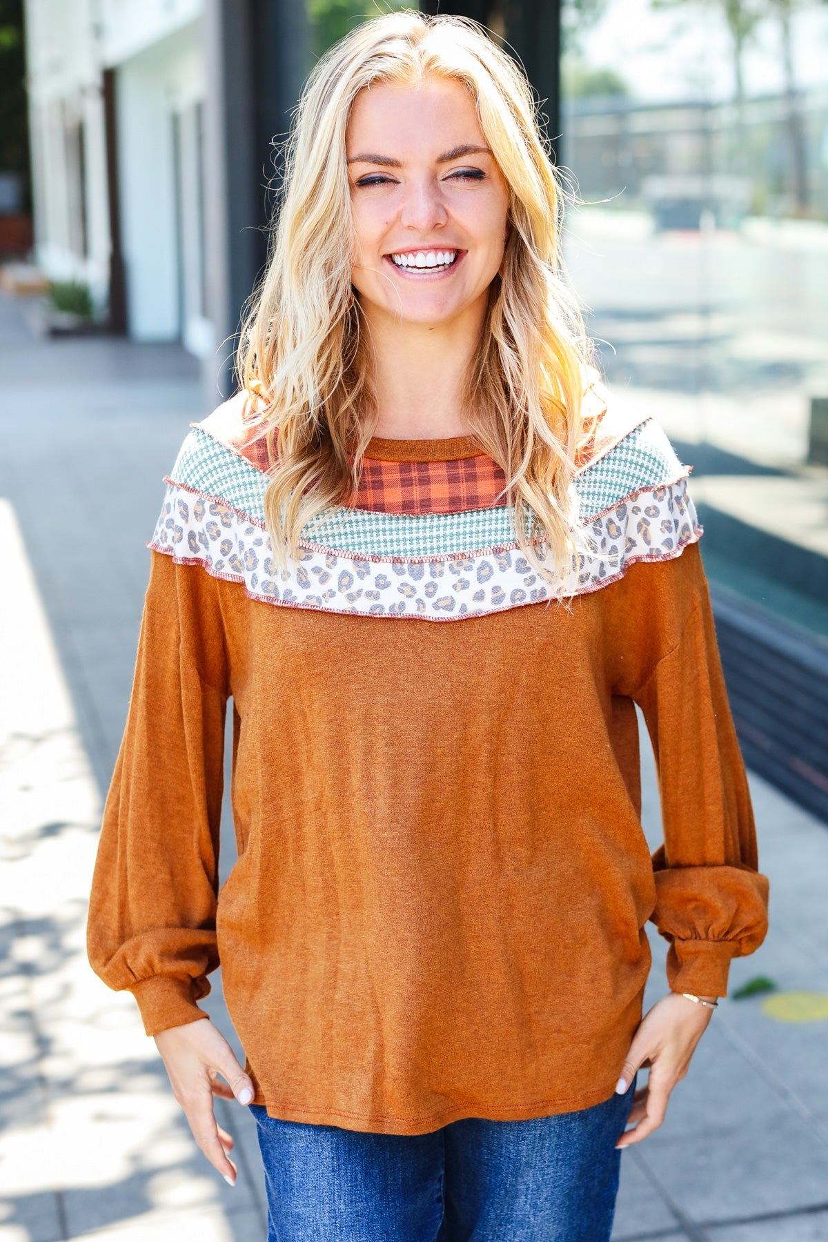 Stand Out Rust Plaid & Leopard Color Block Hacci Pullover