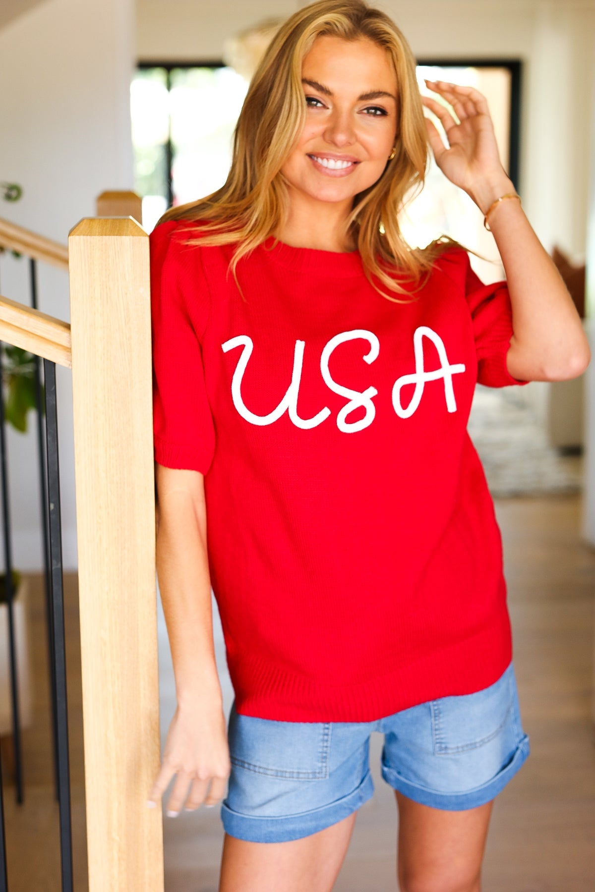 USA Red Knit Embroidery Puff Sleeve Sweater Top