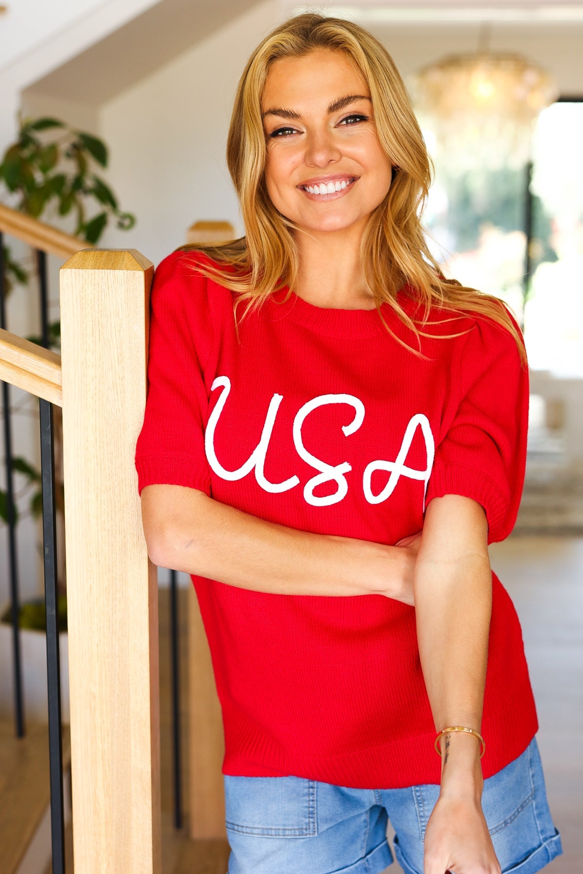USA Red Knit Embroidery Puff Sleeve Sweater Top