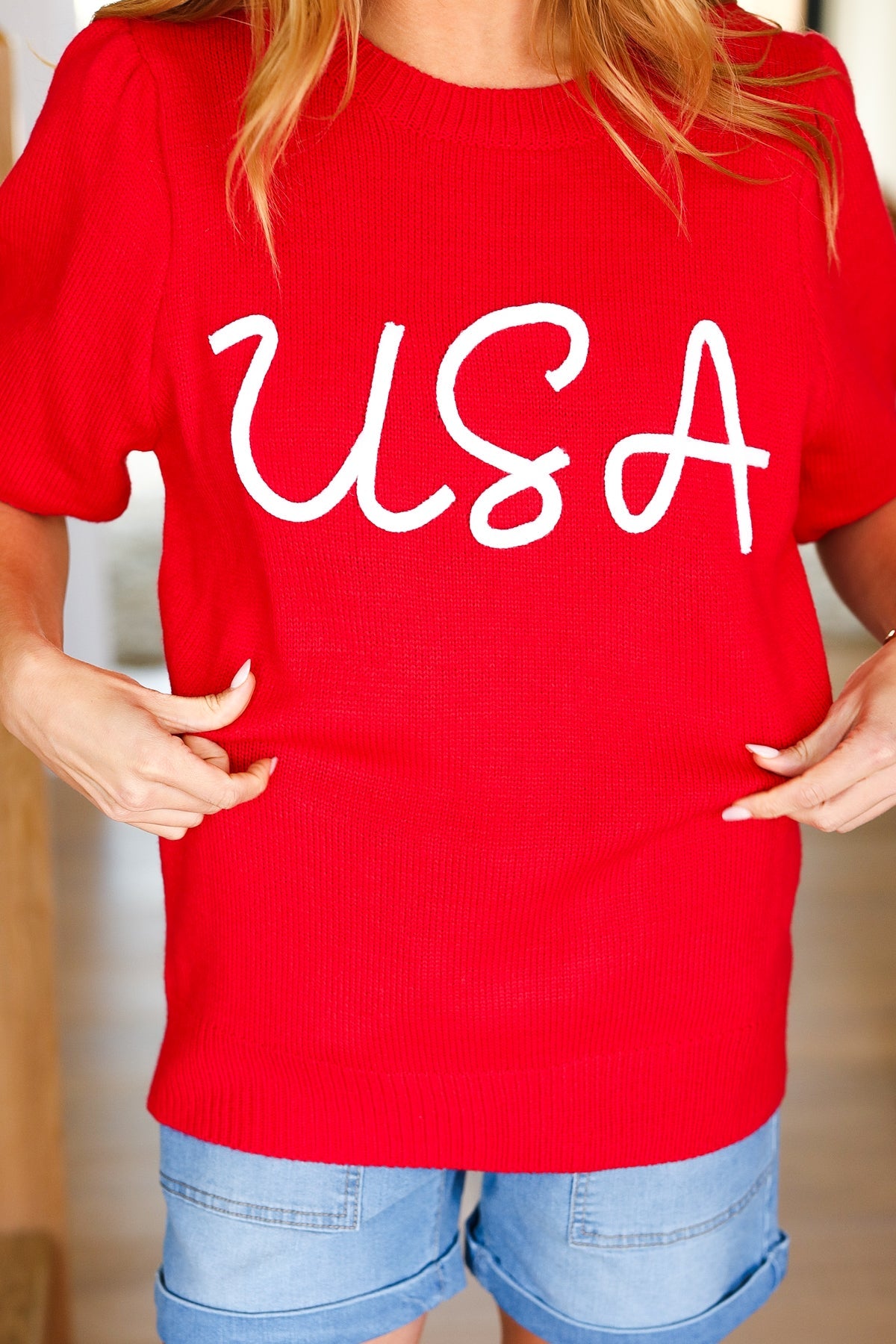 USA Red Knit Embroidery Puff Sleeve Sweater Top