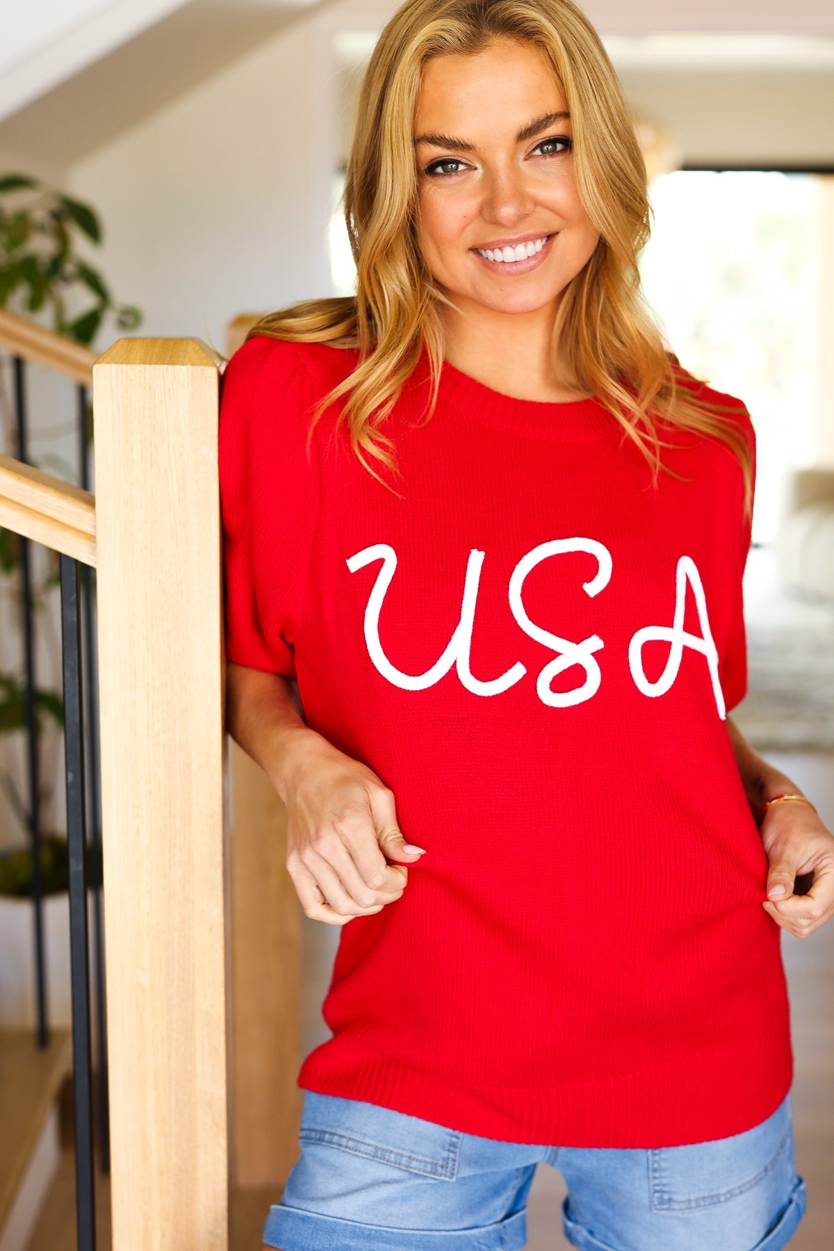 USA Red Knit Embroidery Puff Sleeve Sweater Top