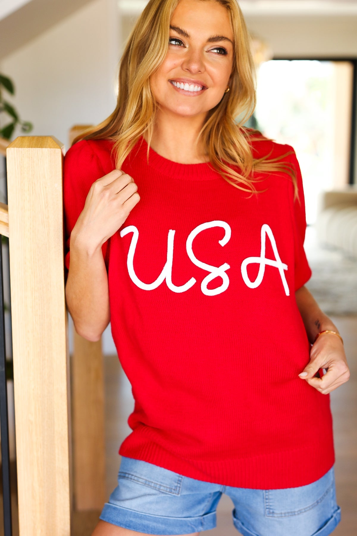 USA Red Knit Embroidery Puff Sleeve Sweater Top