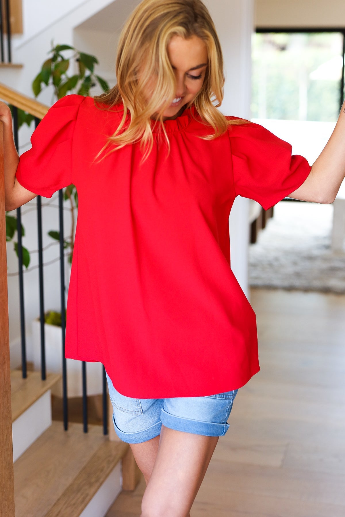 Simply Patriotic Red Frill Mock Neck Woven Top