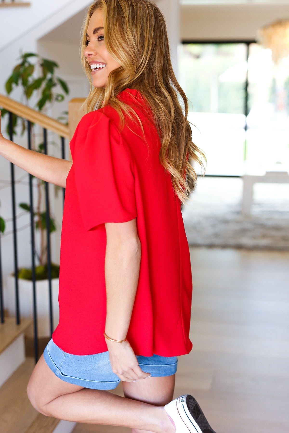 Simply Patriotic Red Frill Mock Neck Woven Top