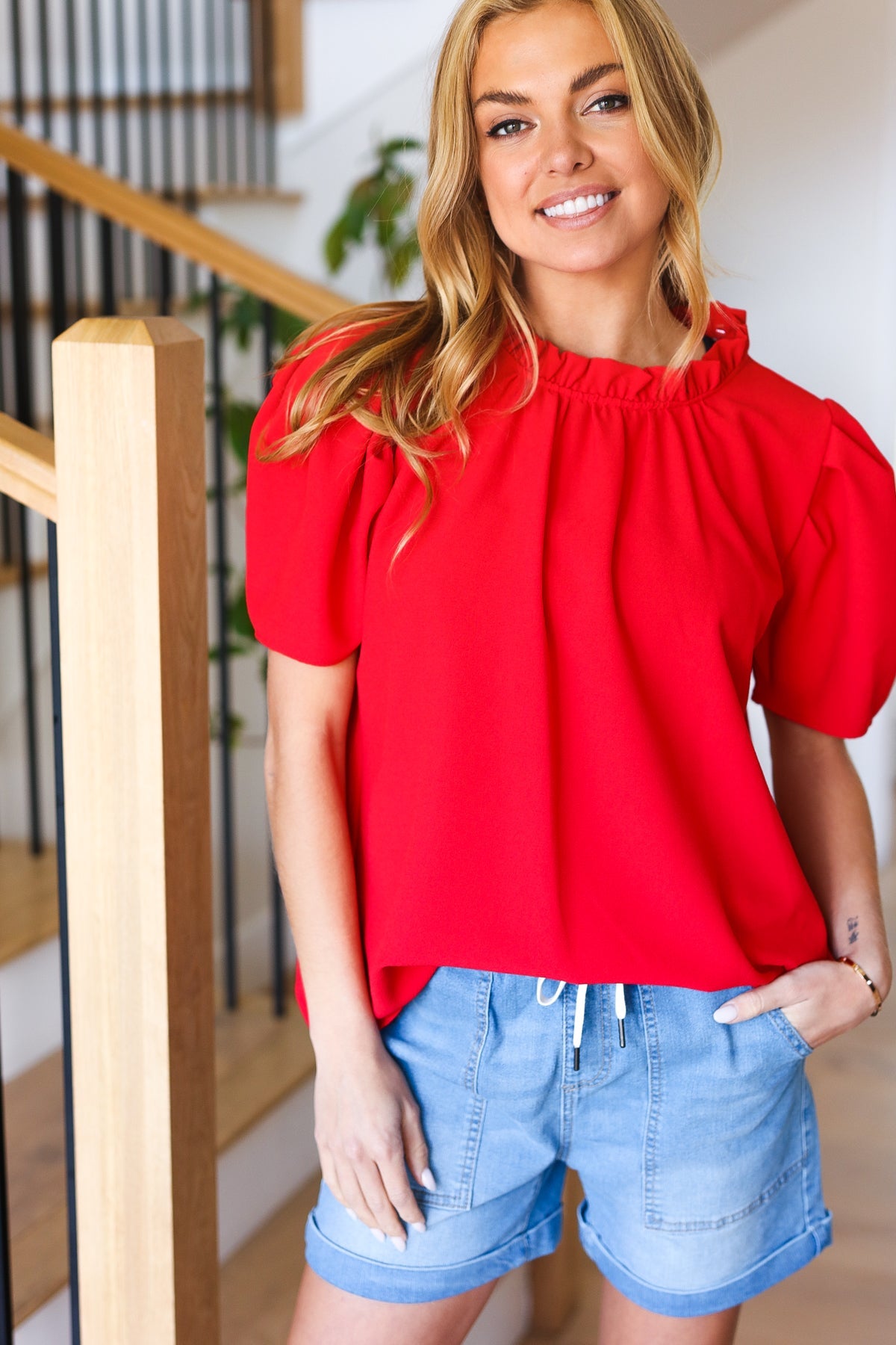 Simply Patriotic Red Frill Mock Neck Woven Top