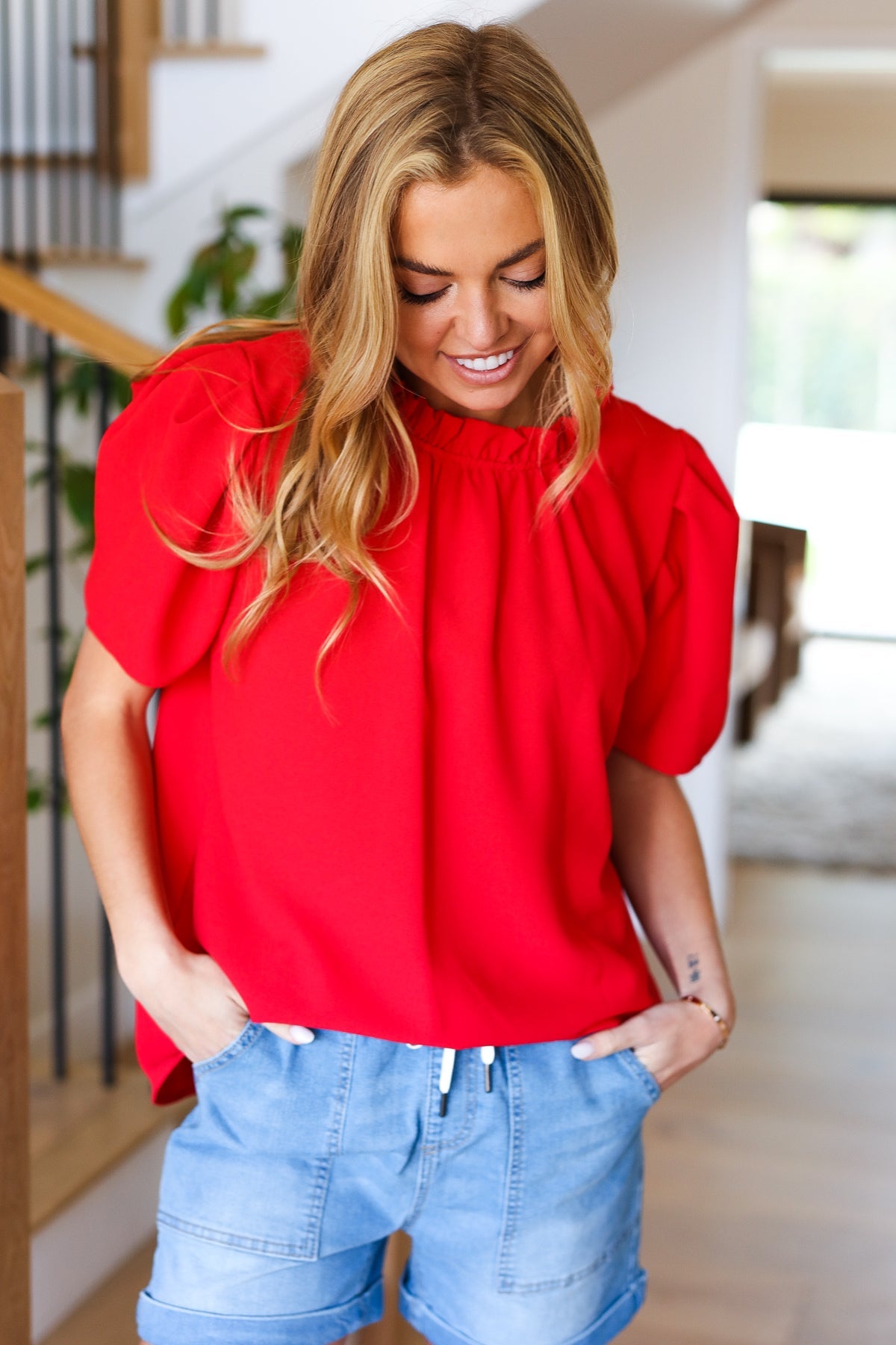 Simply Patriotic Red Frill Mock Neck Woven Top