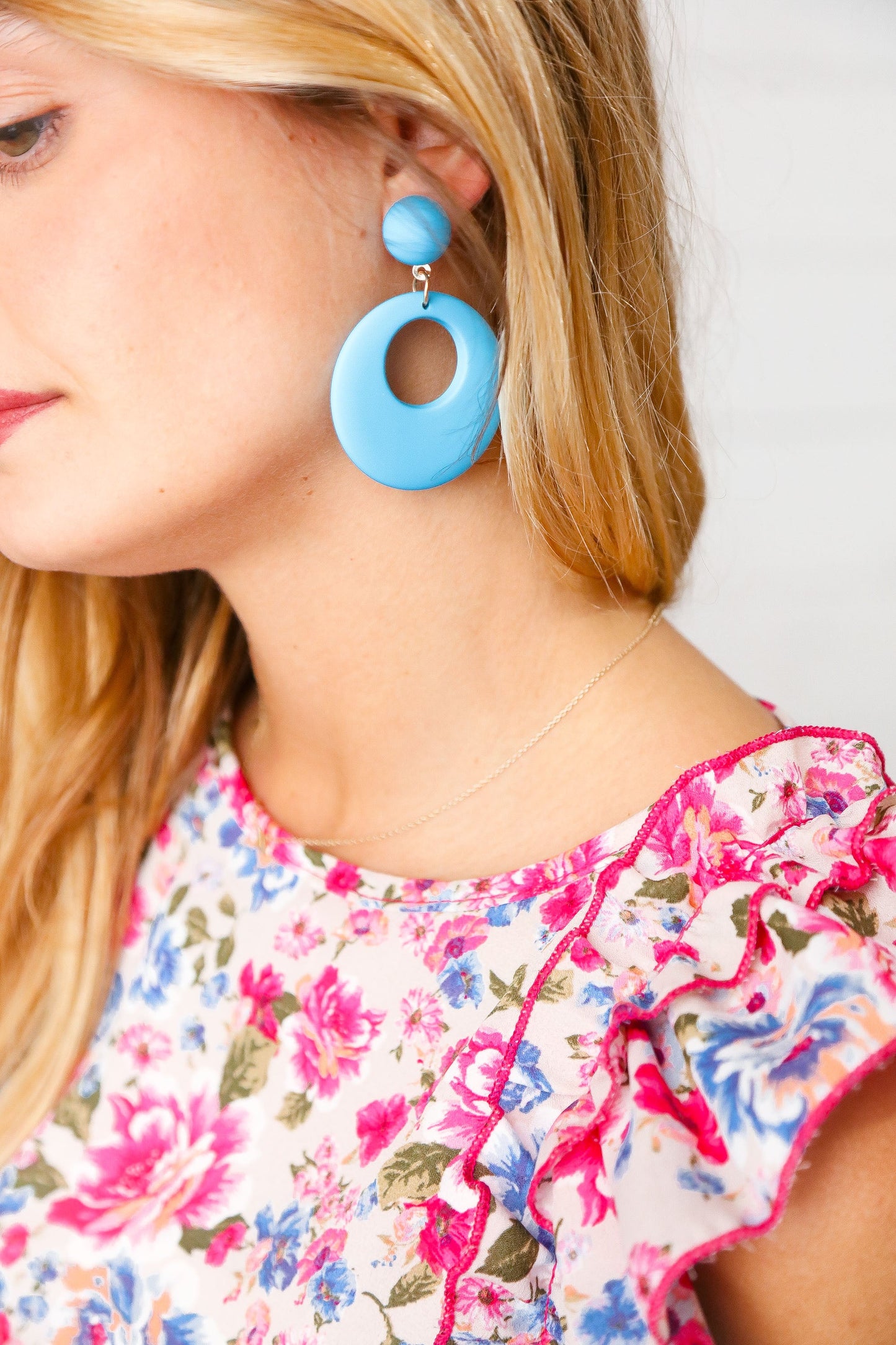 Power Blue Retro Open Circle Resin Dangle Earrings