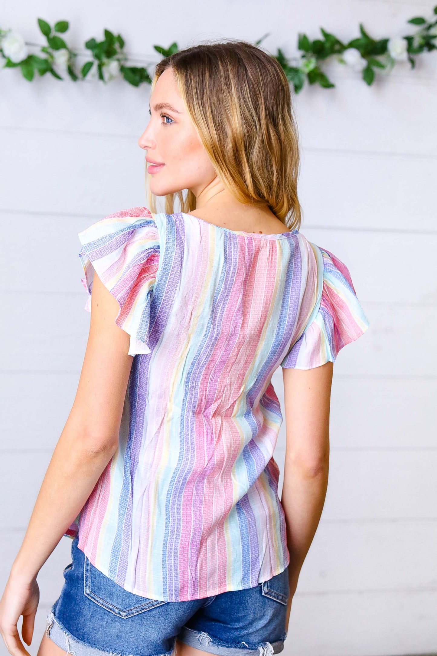 Rainbow Striped Smocked Button Flutter Sleeve Top