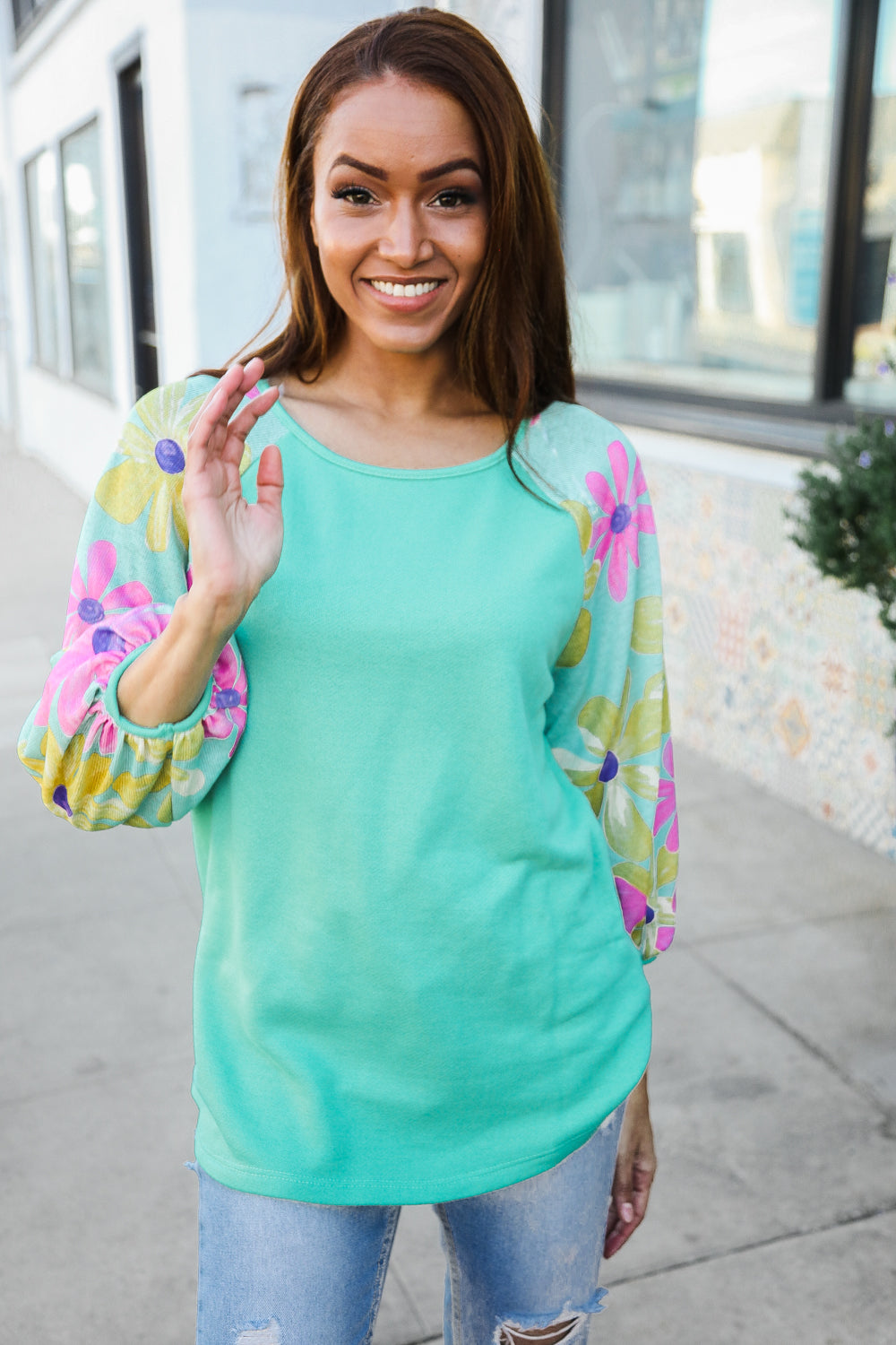 Flower Power Mint French Terry Floral Print Colorblock Pullover