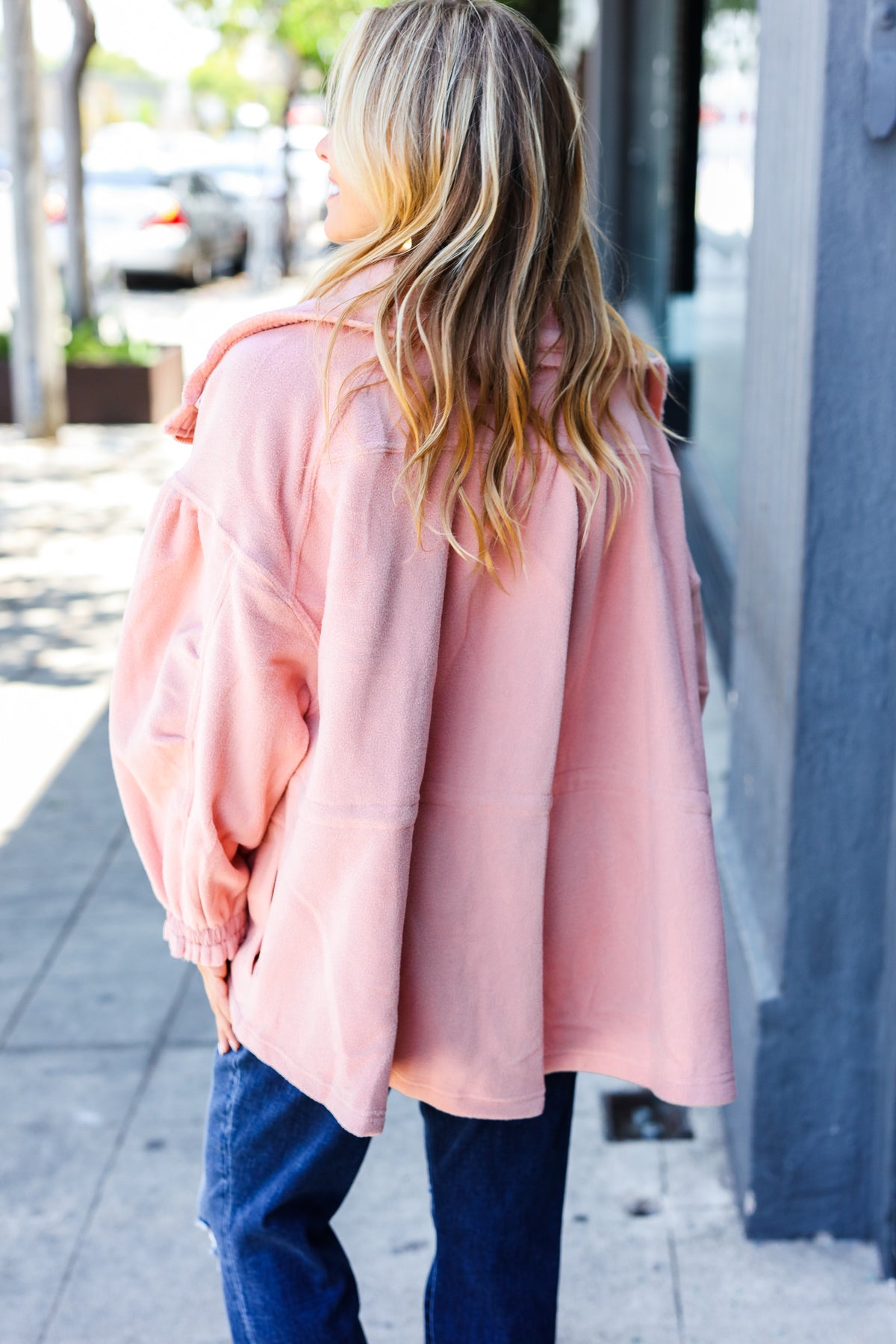 Beautiful You Blush Cinched Waist Zip Up Fleece Jacket