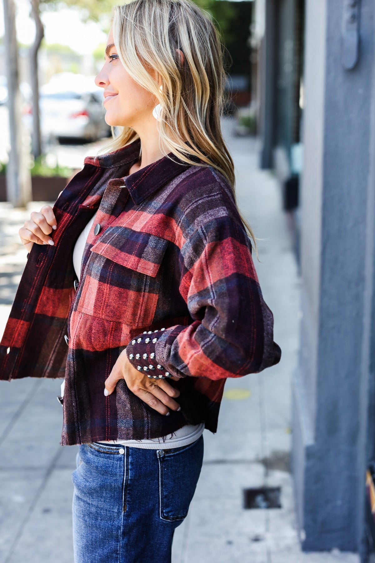 City Streets Burgundy & Rust Plaid Studded Cropped Jacket