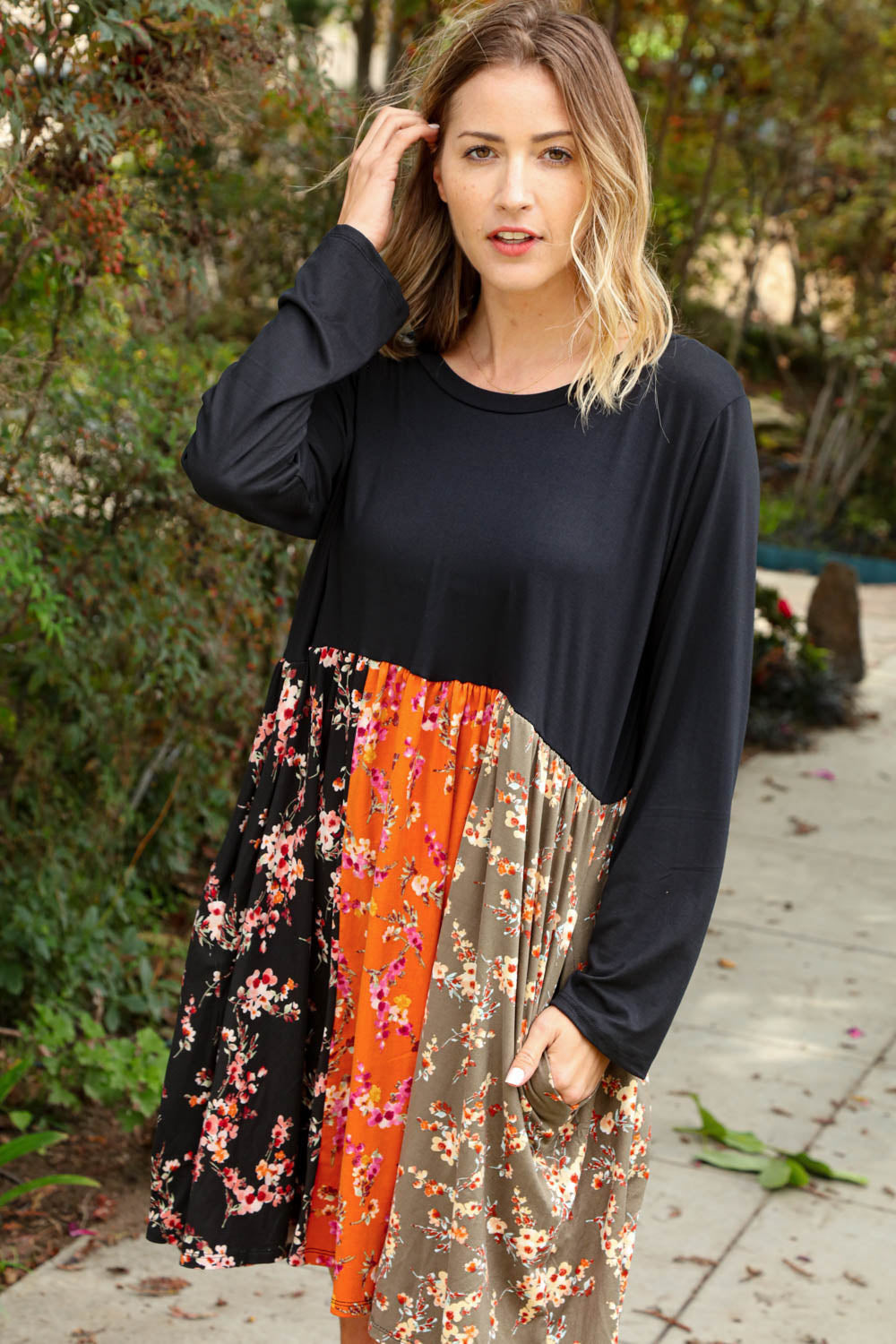 Floral Vertical Color Block Midi Dress