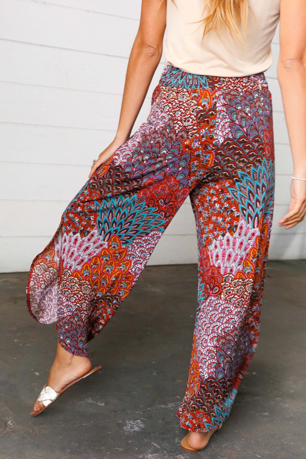 Burnt Orange Geo Print Smocked Waist Slit Palazzo Pants