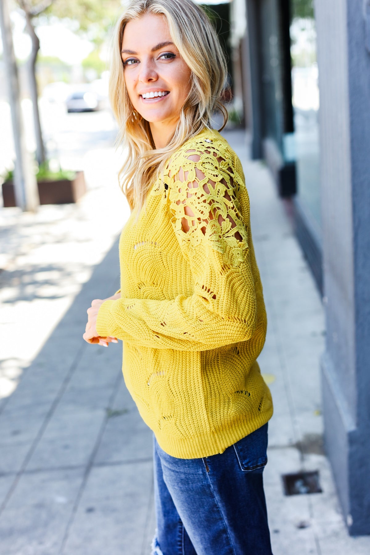 Mustard Pointelle Lace Shoulder Knit Sweater