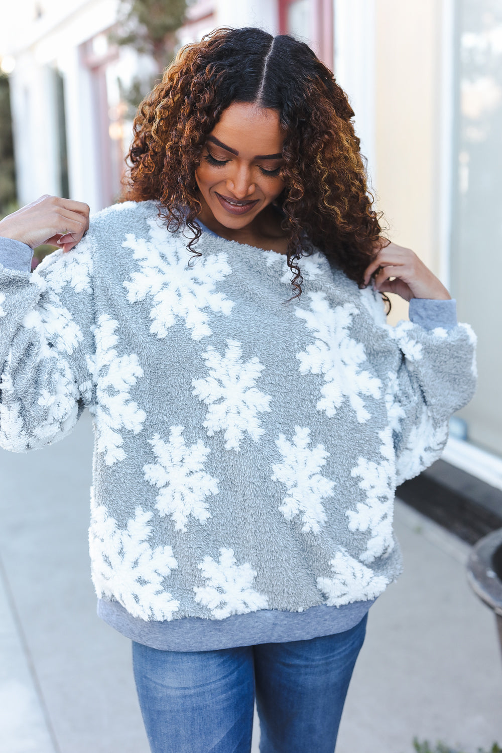 Season Greetings Silver Puffy Snowflake Sherpa Pullover