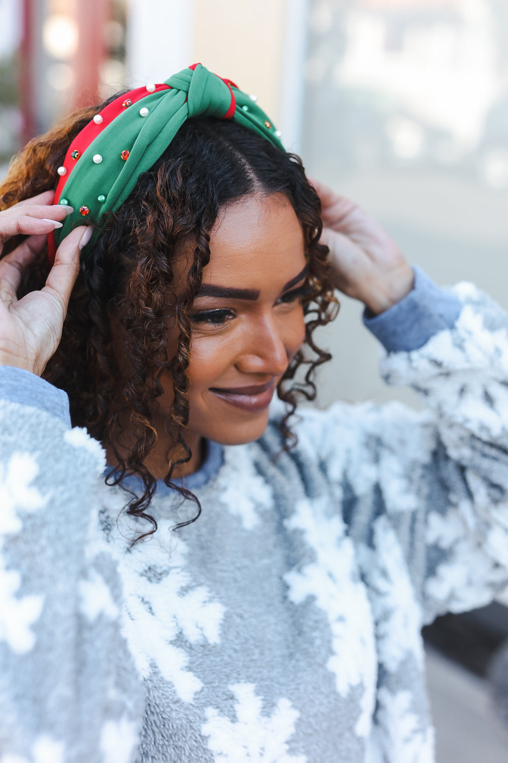 Green & Red Pearl & Rhinestone Top Knot Holiday Headband